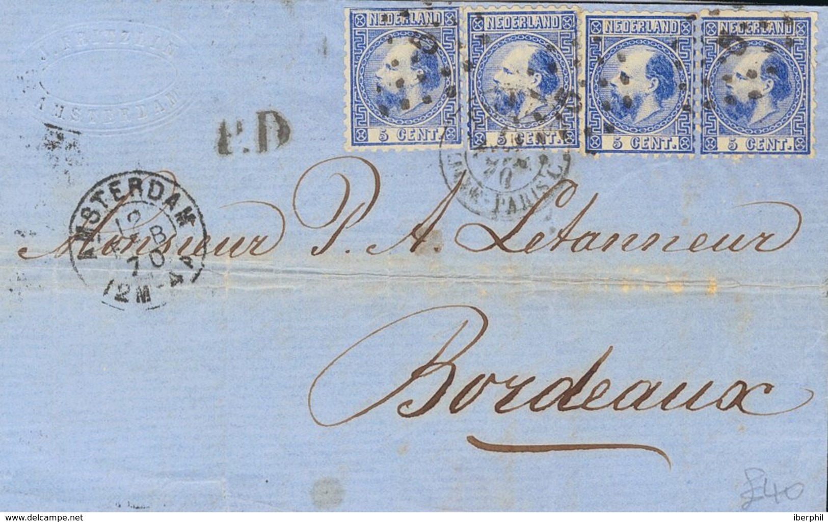 Holanda. SOBREYv 7(4). 1870. 5 Cent Blue (Type II, Perforation 12¾ X 11¾), Four Stamps (perforation Cutted With Scissors - ...-1852 Precursores