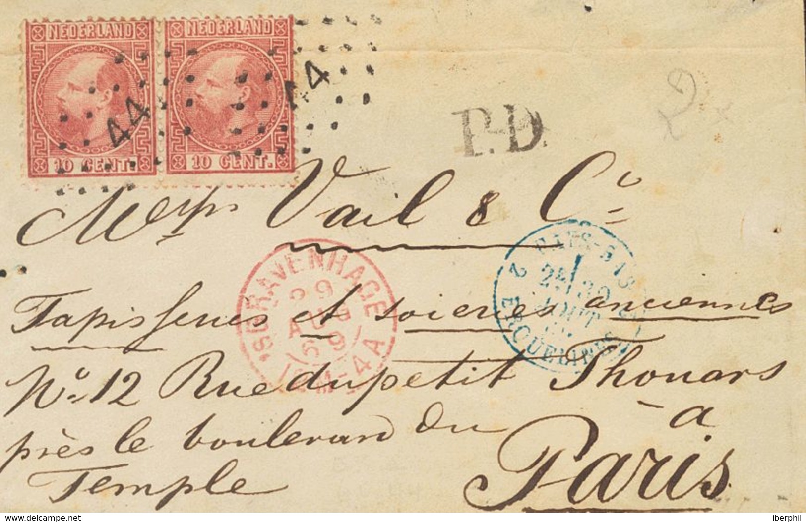 Holanda. SOBREYv 8(2). 1869. 10 Cent Carmine (Type II, Perforation 13½), Two Stamps. THE HAGUE To PARIS (FRANCE), Missin - ...-1852 Precursores