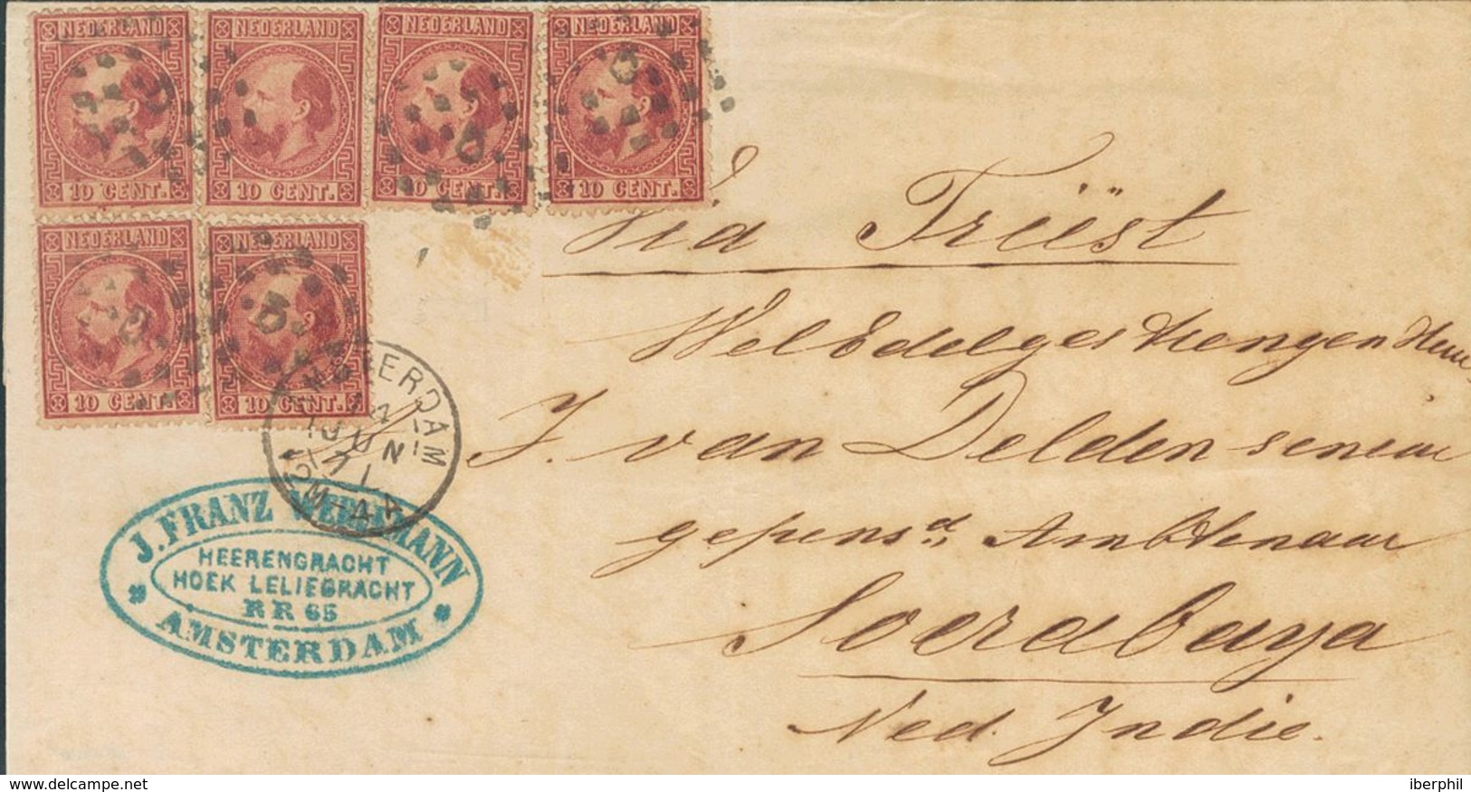 Holanda. SOBREYv 8(6). 1871. 10 Cent Carmine (Type II, Perforation 13½), Six Stamps. AMSTERDAM To SOERABAYA (DUTCH INDIA - ...-1852 Precursores