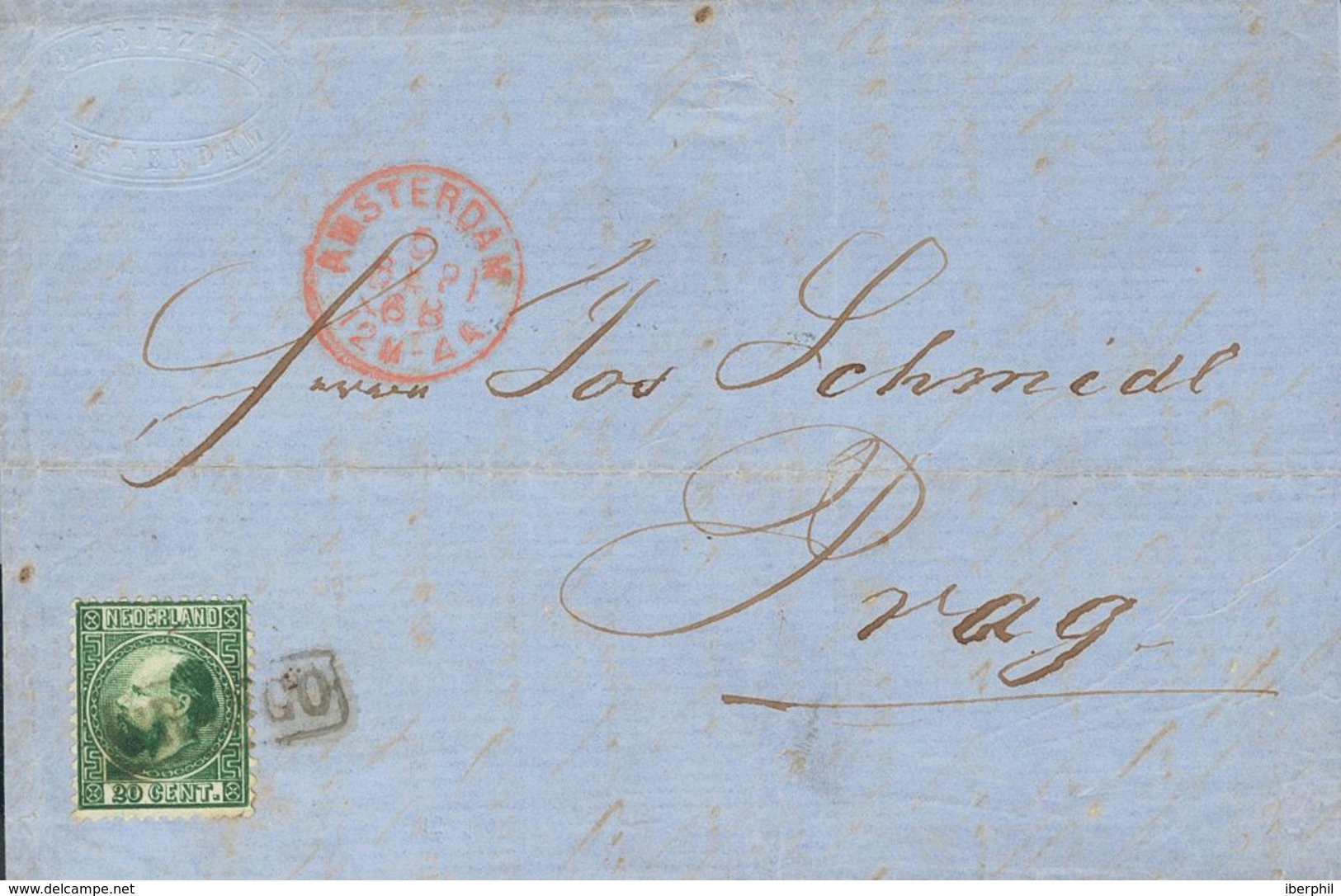 Holanda. SOBREYv . 1868. 20 Cent Dark Green (Type I, Perforation 12¾ X 11¾). AMSTERDAM To PRAGUE (present Day CZECH REPU - ...-1852 Préphilatélie