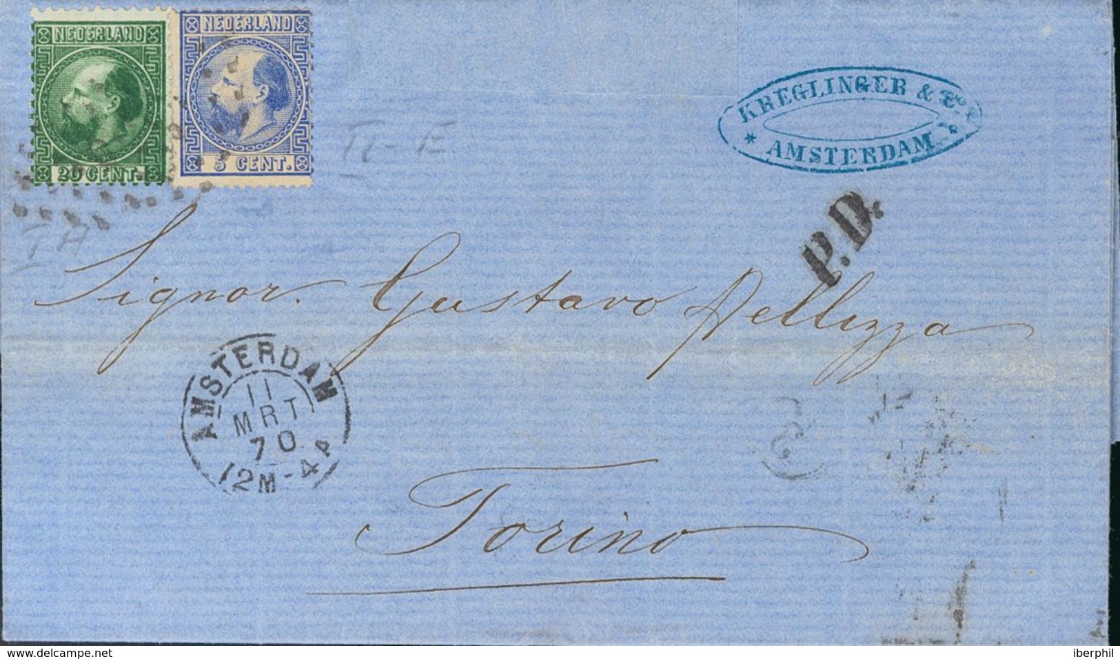 Holanda. SOBREYv . 1870. 5 Cent Blue (Type II, Perforation 13¼ X 14) And 20 Cent Dark Green (Type I, Perforation 12¾ X 1 - ...-1852 Vorläufer