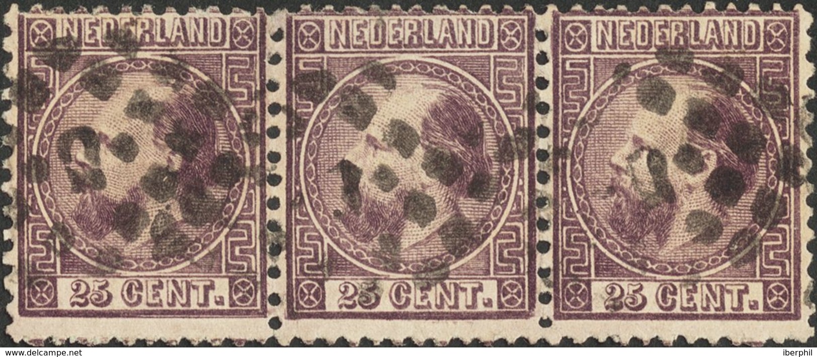 Holanda. ºYv 11(3). 1867. 25 Cent Dark Purple, Strip Of Three. VERY FINE. (NVPH 11IA). -- Netherlands. ºYv 11(3). 1867. - ...-1852 Prephilately