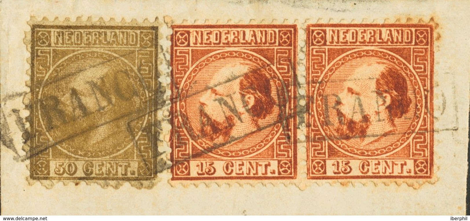 Holanda. FragmentoYv 9(2), 12. 1867. 15 Cent Orange Brown (Type I), Pair And 50 Cent Gold (Type II), On Fragment. Framed - ...-1852 Vorläufer