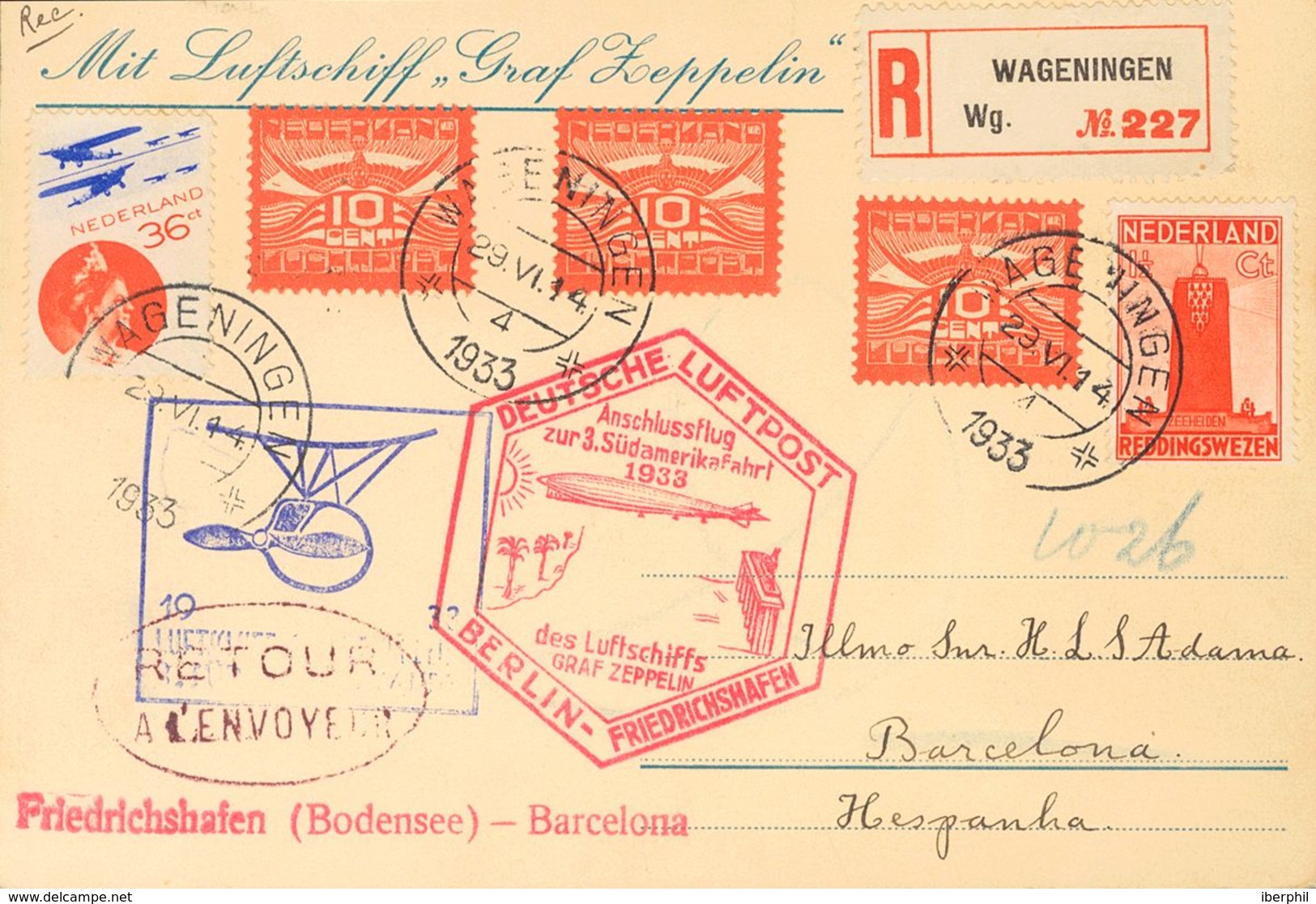 Netherlands, Airmail. COVERYv 1(3), 9. 1933. 10 Red Cts, Three Stamps, 36 Red And Ultramarine Cts And 1½ Red Cts. Postca - ...-1852 Prephilately