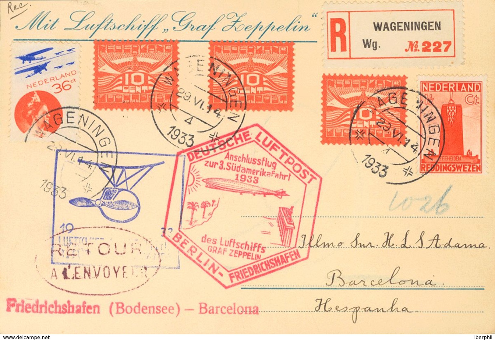 Netherlands, Airmail. COVERYv 1(3), 9. 1933. 10 Red Cts, Three Stamps, 36 Red And Ultramarine Cts And 1½ Red Cts. Postca - ...-1852 Precursores