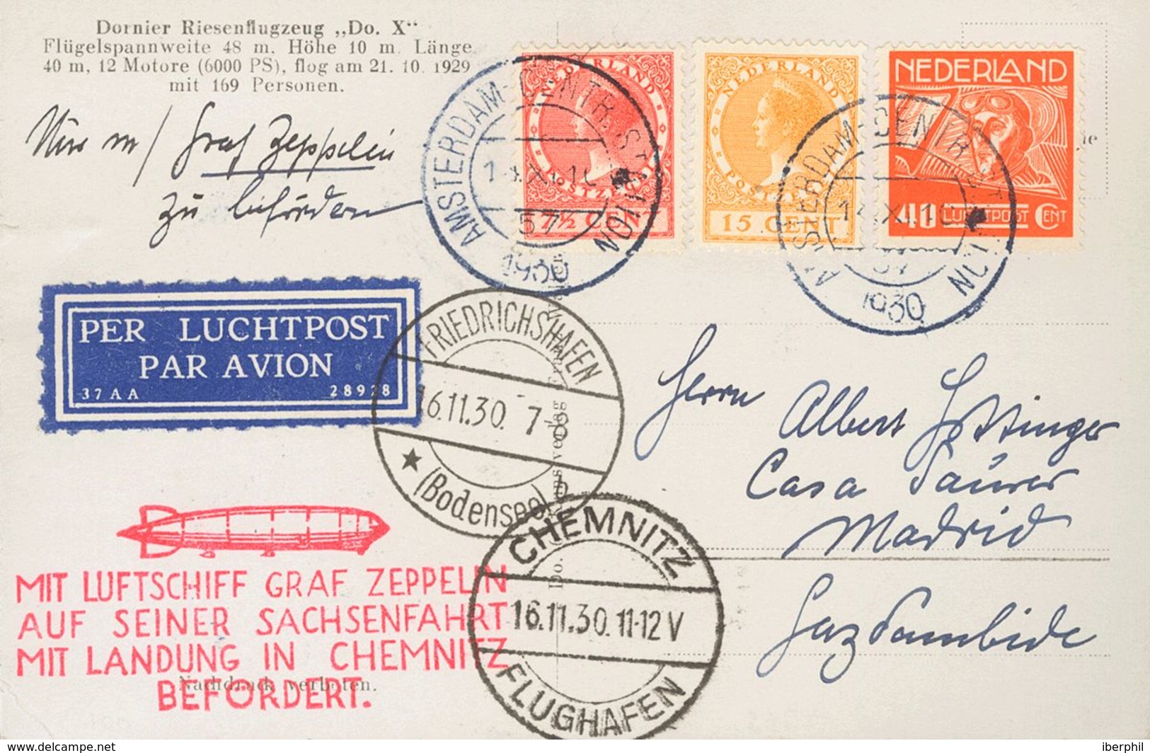 Netherlands, Airmail. COVER4. 1930. 40 Cts Red, 7½ Cts Pink And 15 Cts Yellow. Postcard By Graf Zeppelin From AMSTERDAM  - ...-1852 Préphilatélie