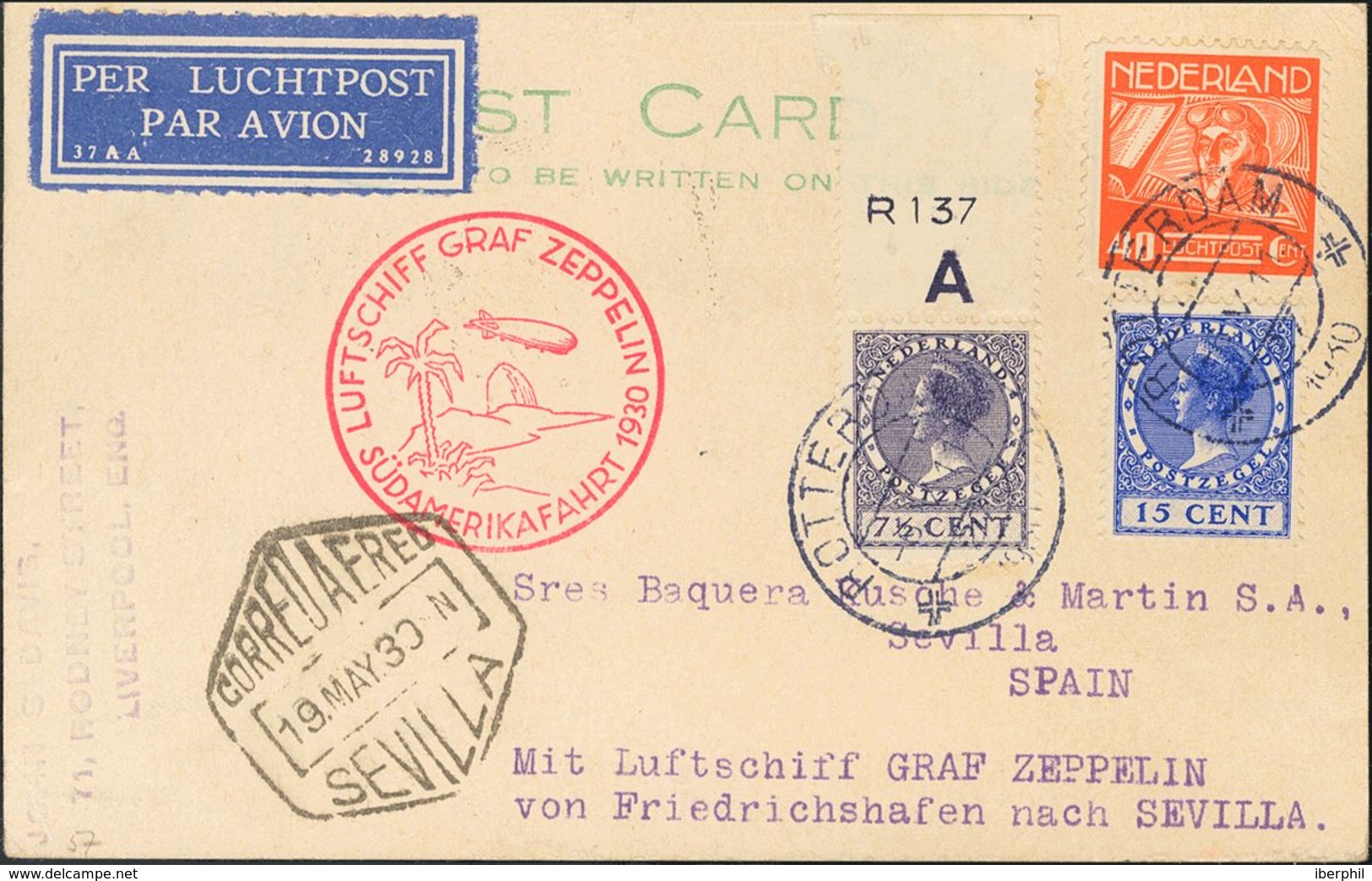 Netherlands, Airmail. COVERYv 4. 1930. 40 Cts Red, 7½ Cts Violet And 15 Cts Overseas. Postcard By Graf Zeppelin From ROT - ...-1852 Prephilately