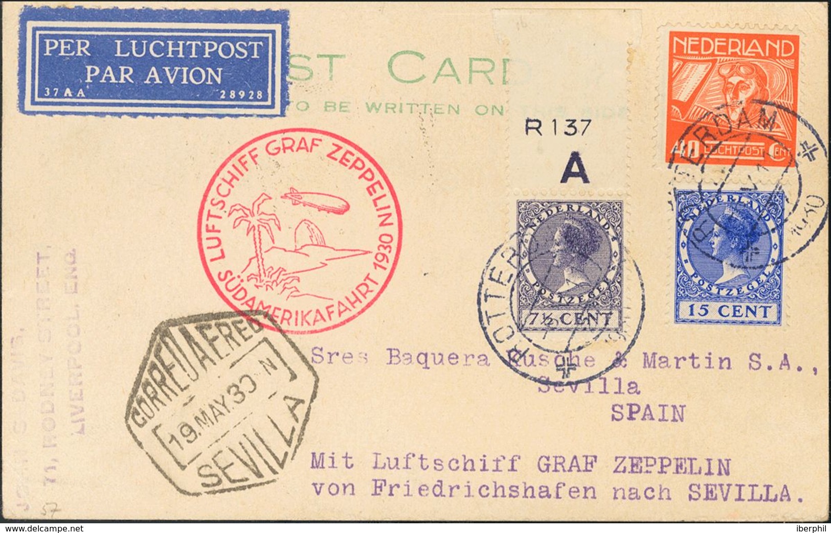 Netherlands, Airmail. COVERYv 4. 1930. 40 Cts Red, 7½ Cts Violet And 15 Cts Overseas. Postcard By Graf Zeppelin From ROT - ...-1852 Precursores