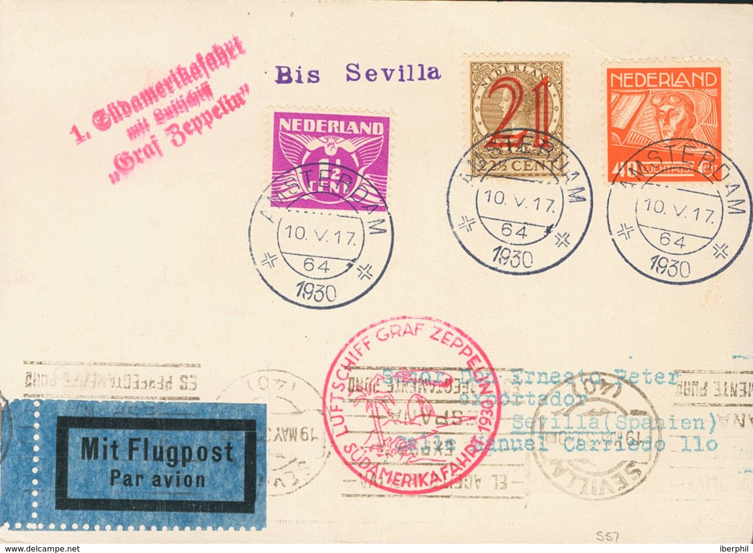 Netherlands, Airmail. COVERYv 4. 1930. 40 Cts Red, 1½ Cts Violet And 21 Cts On 22½ Cts. Postcard By Graf Zeppelin From A - ...-1852 Precursores