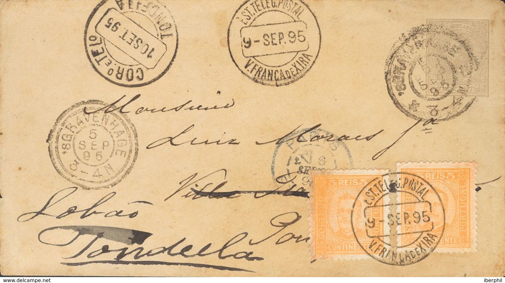 Holanda. SOBREYv . 1895. 12½ Cent Grey On Postal Stationery. THE HAGUE To VILA FRANCA DE XIRA (PORTUGAL), Readdressed To - ...-1852 Precursores