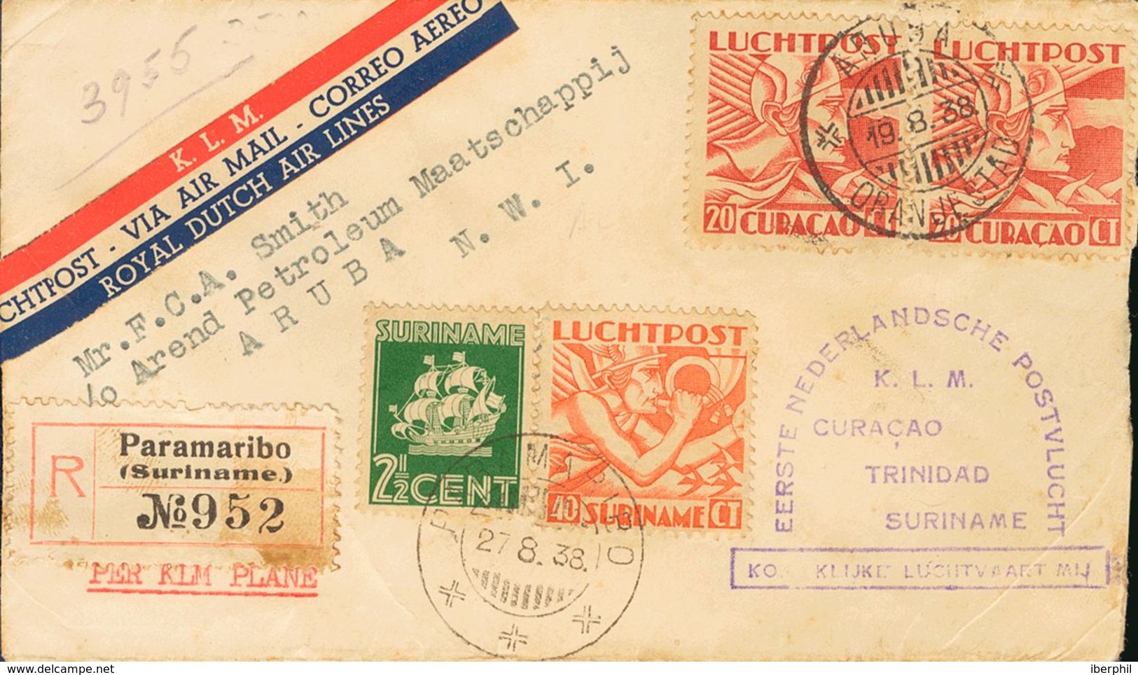 Curacao, Airmail. COVERYv 6(2). 1938. 20 Cts Red, Two Stamps And Suriname Stamps Of 2 ½ Cts Green And 40 Cts Orange. Reg - Otros & Sin Clasificación