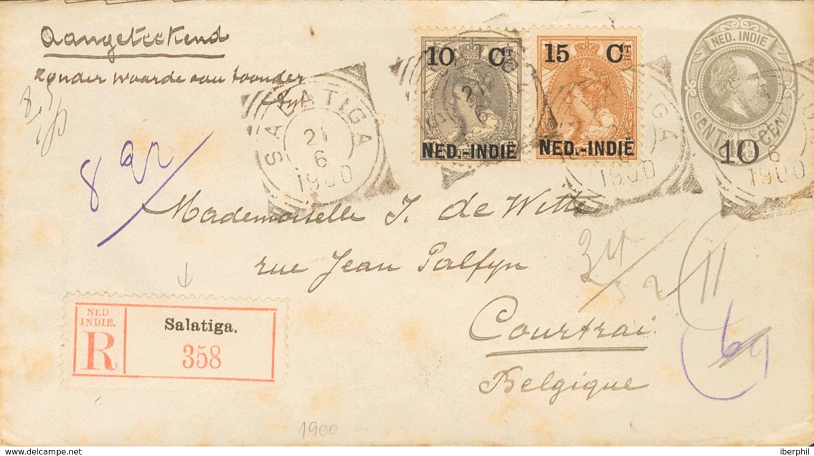 Dutch India. COVERYv 31, 33. 1900. 10 Cts On 12½ Cts Gray On Registered Postal Stationery Card SALATIGA To COURTRAI (BEL - India Holandeses