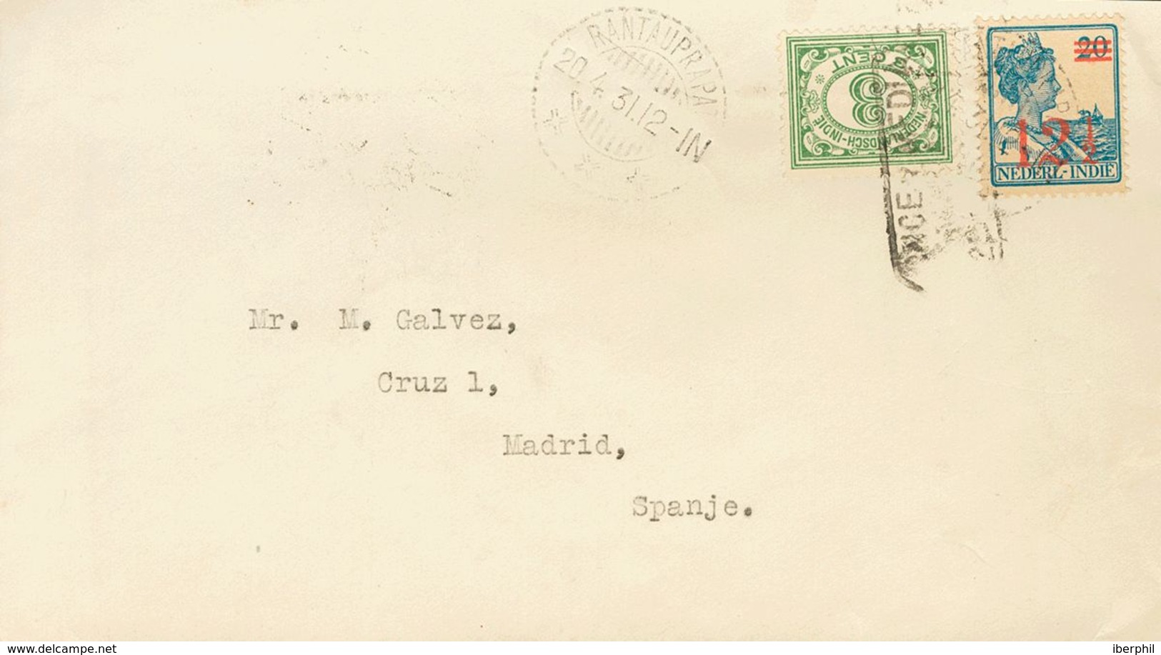 Dutch India. COVERYv 151, 160. 1931. 3 Cts Green And 12 ½ Cts Over 20 Cts Blue. RANTAU PRAPAT To MADRID. Spanish Postmar - India Holandeses