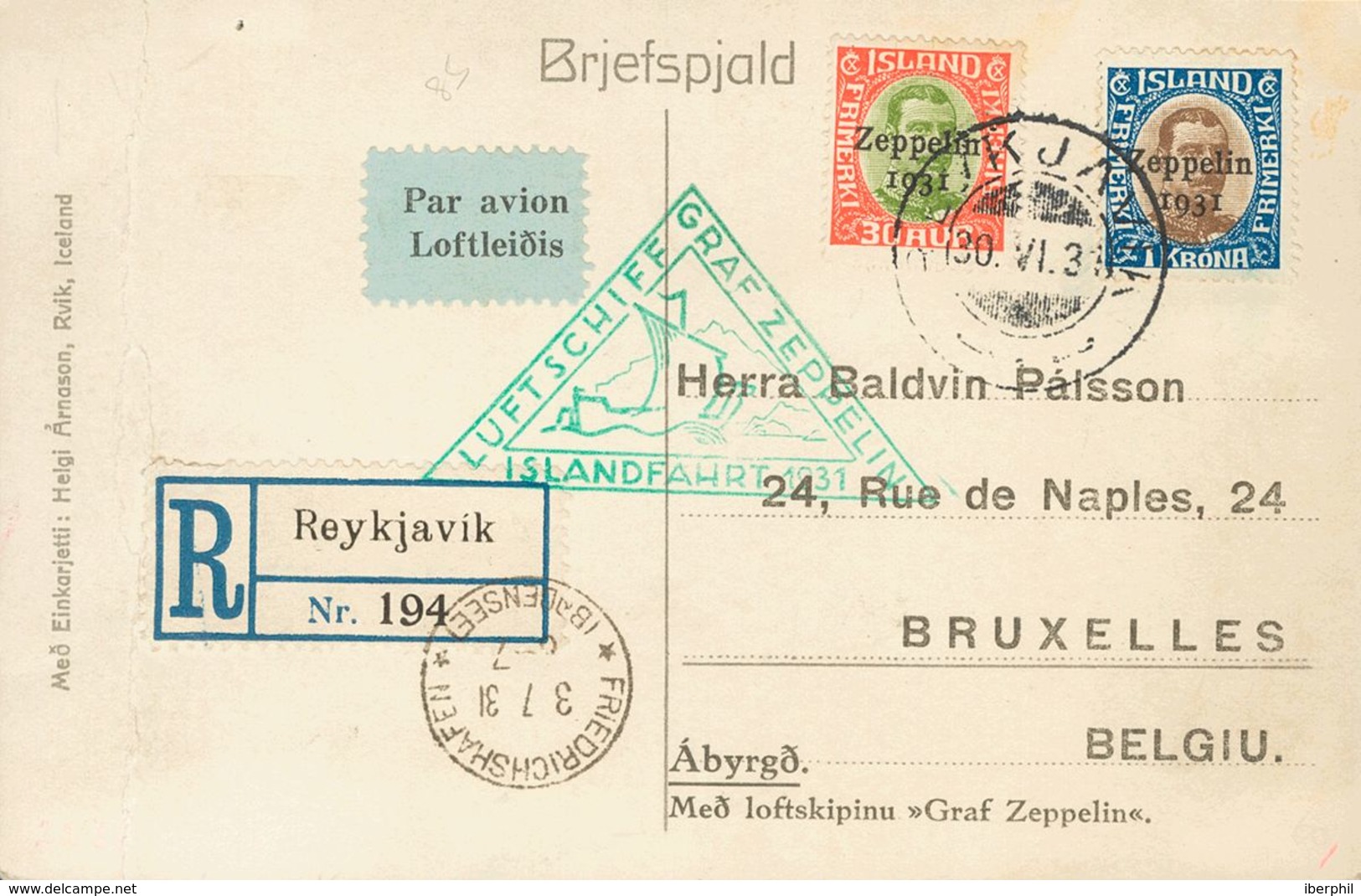 Iceland, Airmail. COVERYv 9, 10. 1931. 30 A Red And Green Yellow And 1 K Blue And Brown. Postcard From REIKJAVIK To BRUS - Andere & Zonder Classificatie