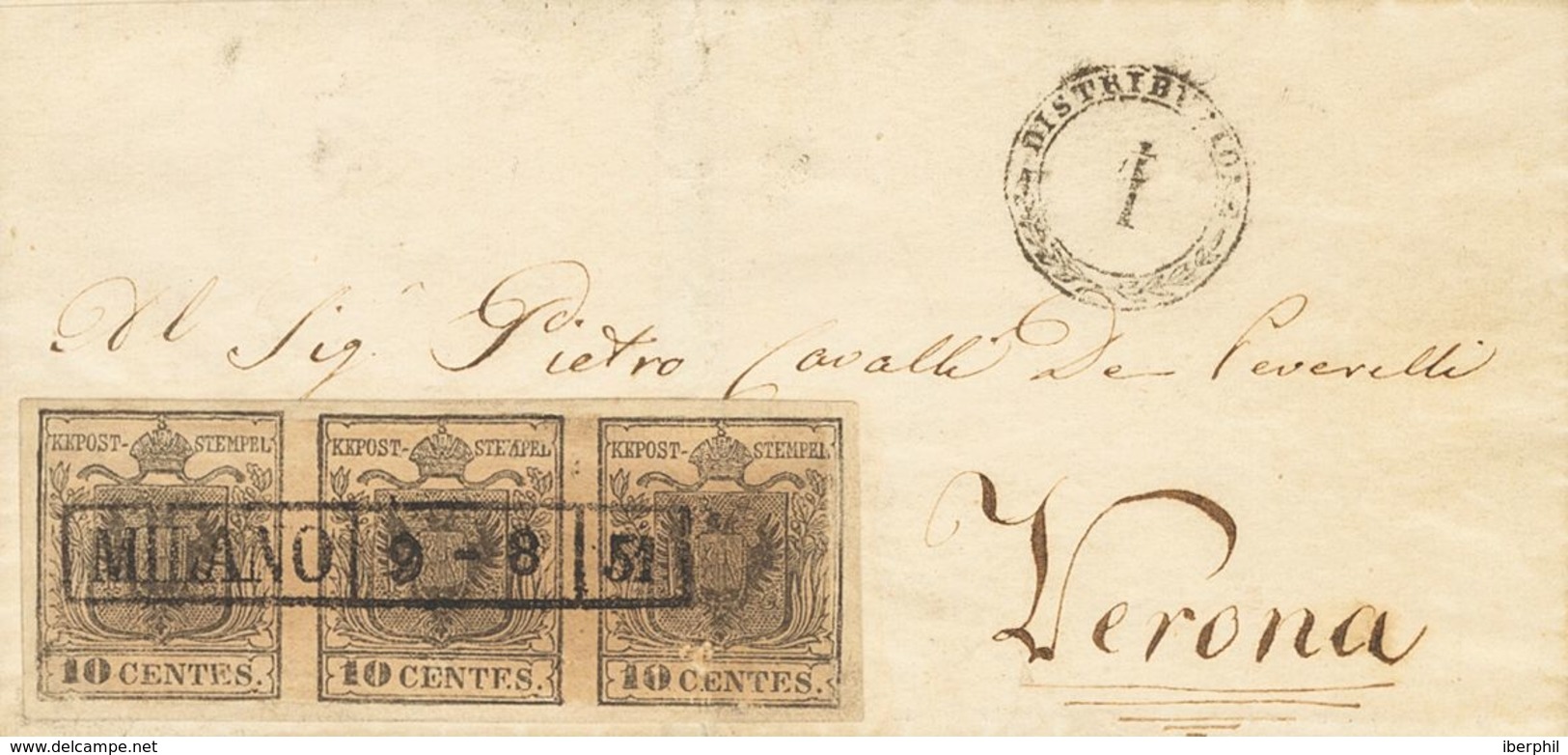 Lombardy-Venetia. COVER2A. 1851. 10 Cts Brown, Strip Of Three (one Stamp Vertical File Fold). MILAN To VERONA. Boxed Pos - Lombardo-Vénétie