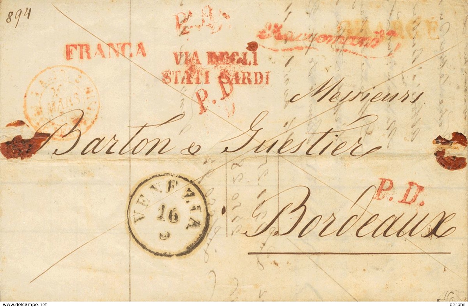 Lombardy-Venetia. COVERYv 4. 1855. 30 Cts Brown (franking On Reverse). Registered Cover From VENICE To BORDEAUX (FRANCE) - Lombardy-Venetia