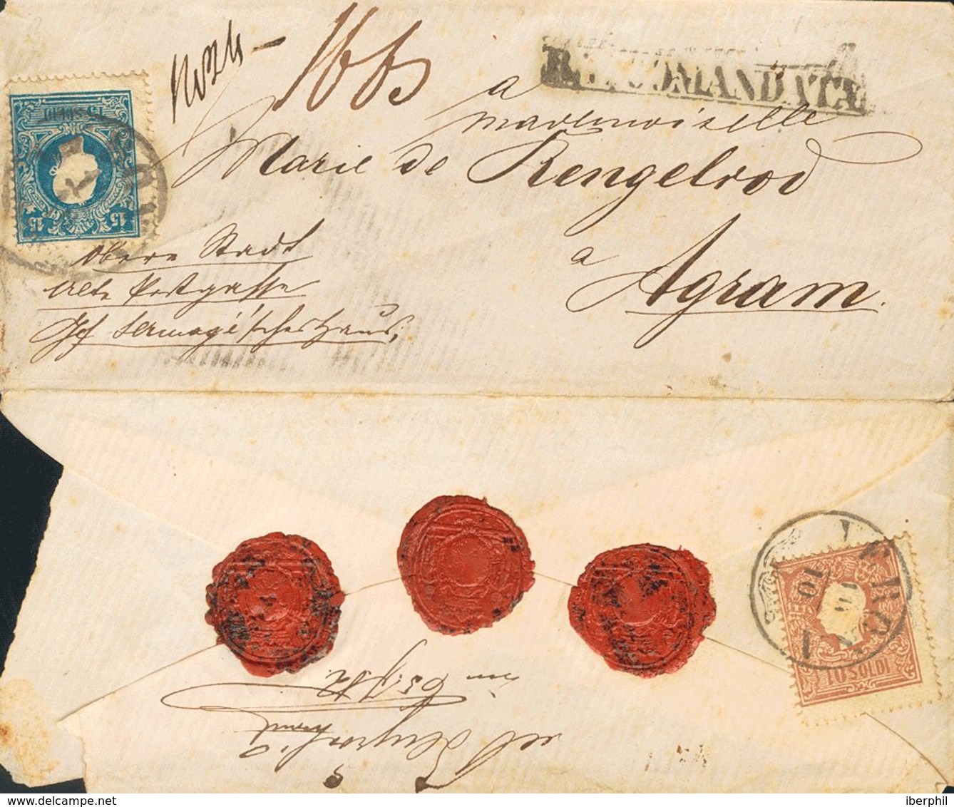 Lombardy-Venetia. COVER14, 15. (1858ca). 10 Soldi Brown (on Reverse) And 15 Soldi Blue. Registered From VERONA To AGRAM  - Lombardy-Venetia