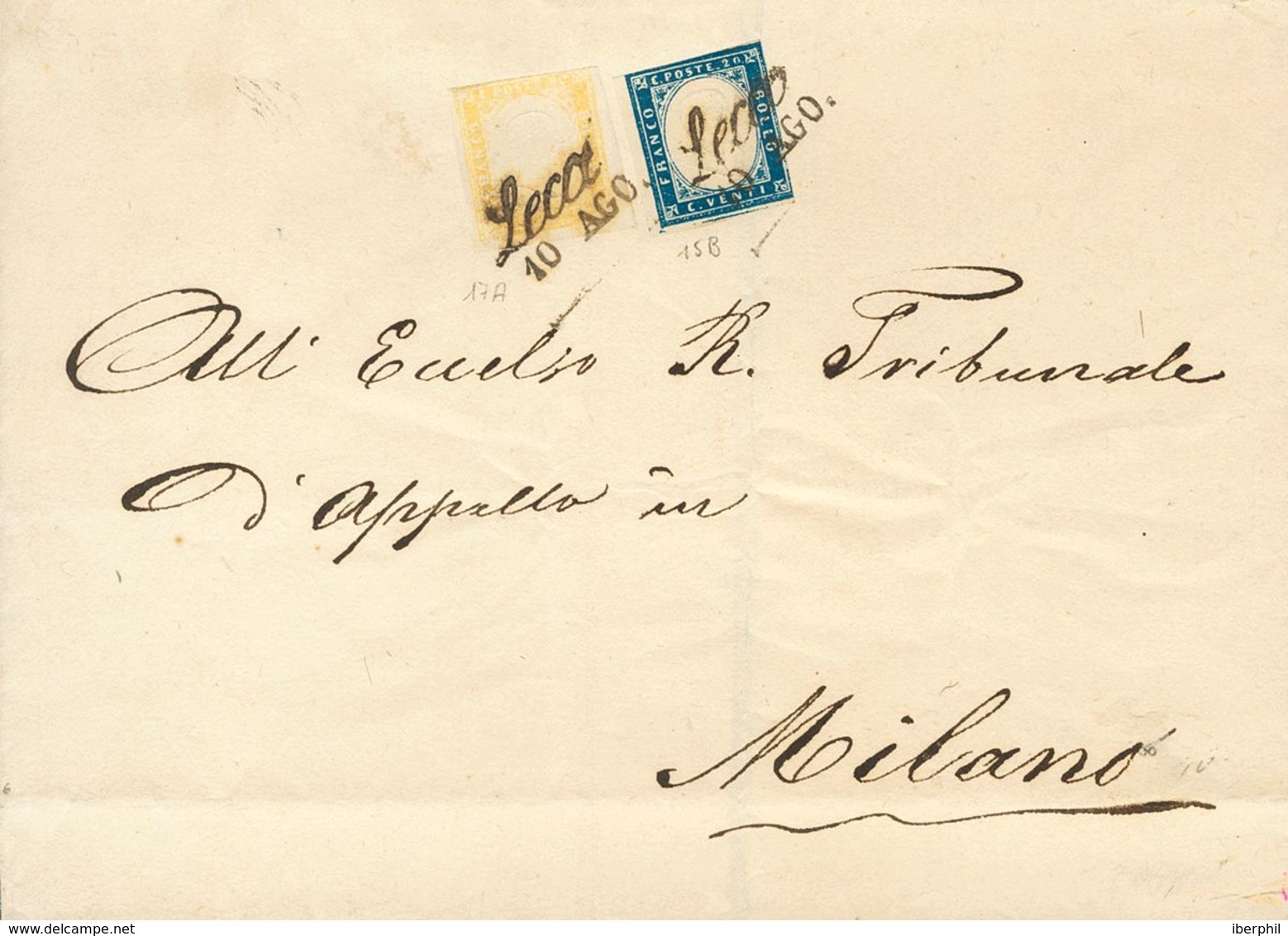 Sardinia. COVERYv 12, 14. (1859ca). 80 Cts Pale Yellow And 20 Cts Dark Blue. LECA To MILAN. Cds Cancellation LECA/10 AGO - Sardinien