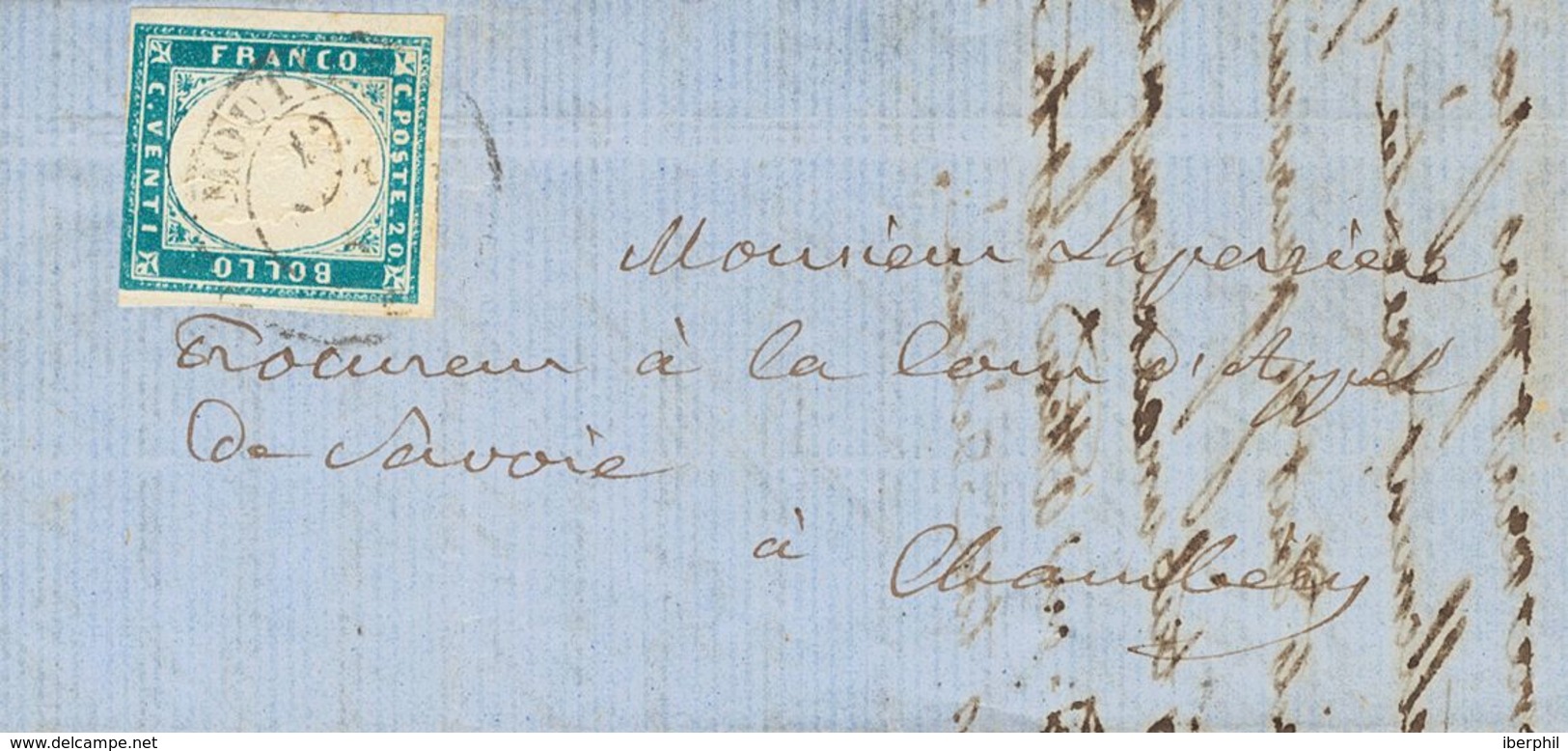 Sardinia. COVER12b. 1857. 20 Cts Milky Blue. MOUTIERS To CHAMBERY. Postmark NOUTIERS. VERY FINE. -- Cerdeña. SOBRE 12b.  - Sardaigne