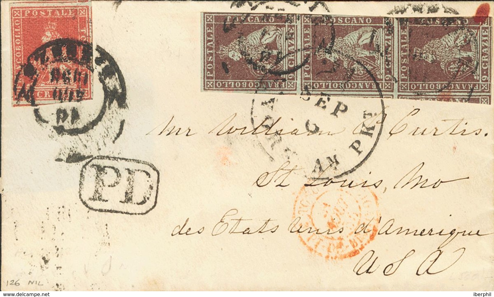 Tuscany. COVERYv 4, 8(3). 1858. 1 Crazia Carmine And 9 Crazia Brown Lilac, Strip Of Three (short Margin). FLORENCE To SA - Other & Unclassified