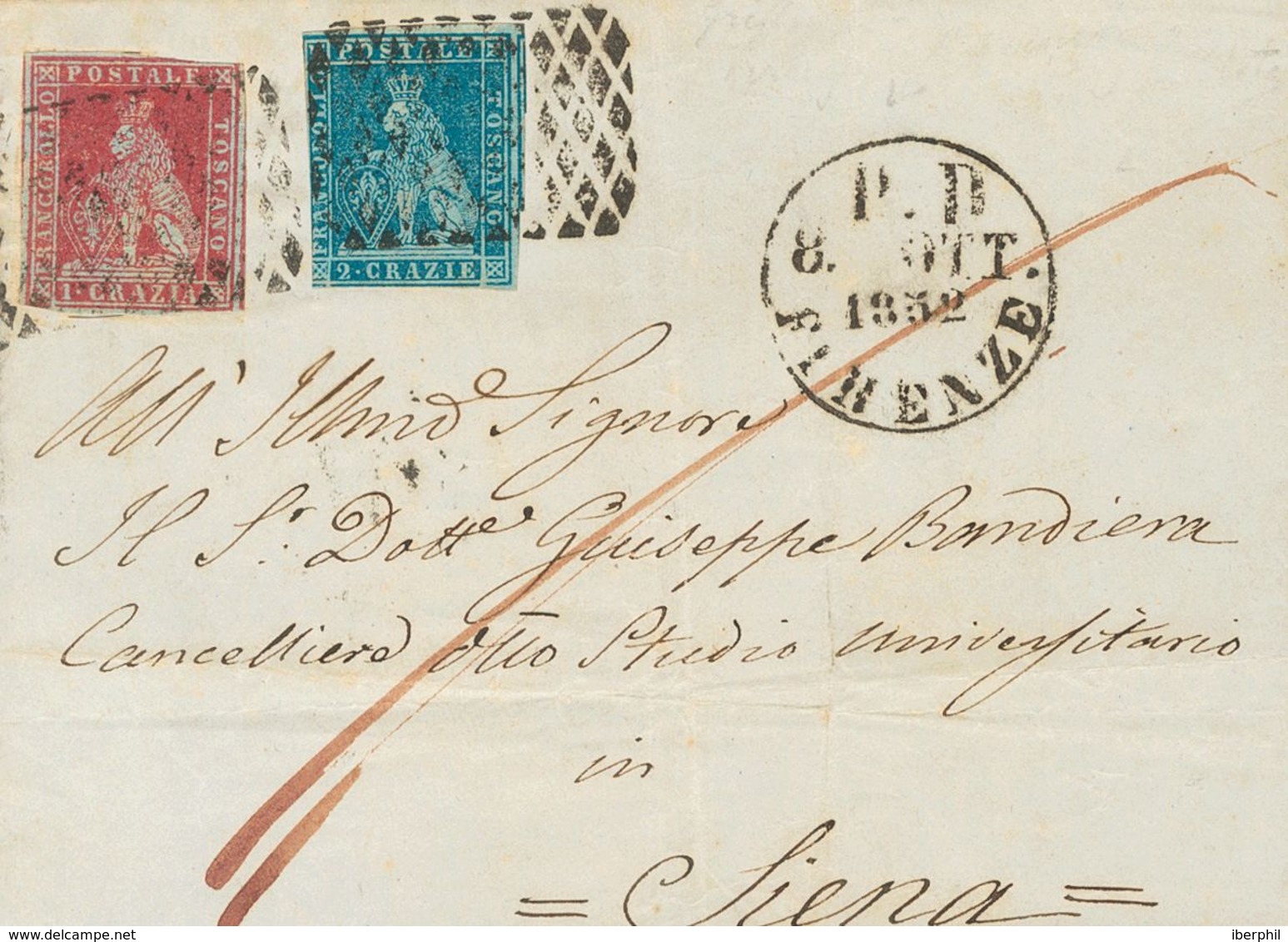 Tuscany. COVERYv 4, 5. 1852. 1 C Carmine And 2 C Blue (some Narrow Margin). FLORENCE To SIENA. PRETTY. -- Toscana. SOBRE - Sonstige & Ohne Zuordnung