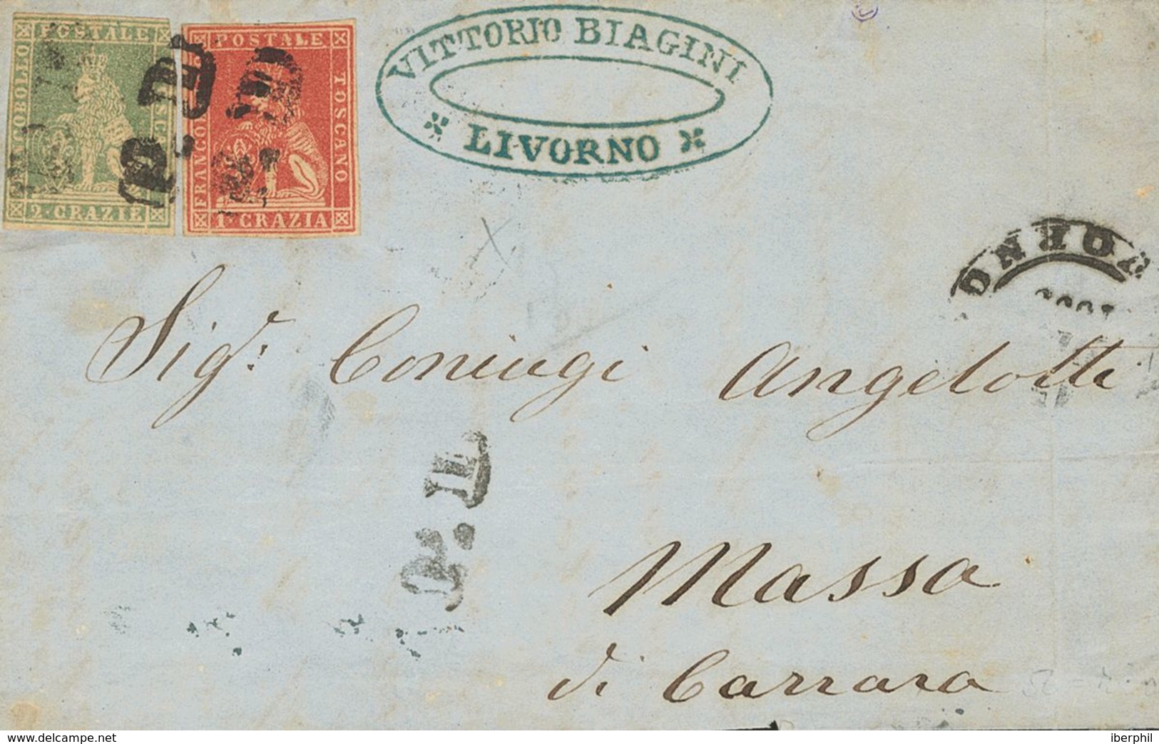 Tuscany. COVERYv 12, 13. 1859. 1 Crazia Carmine And 2 Crazia Blue Green. LIVORNO To MASSA DI CARRARA. Postmark "P.D.", R - Other & Unclassified