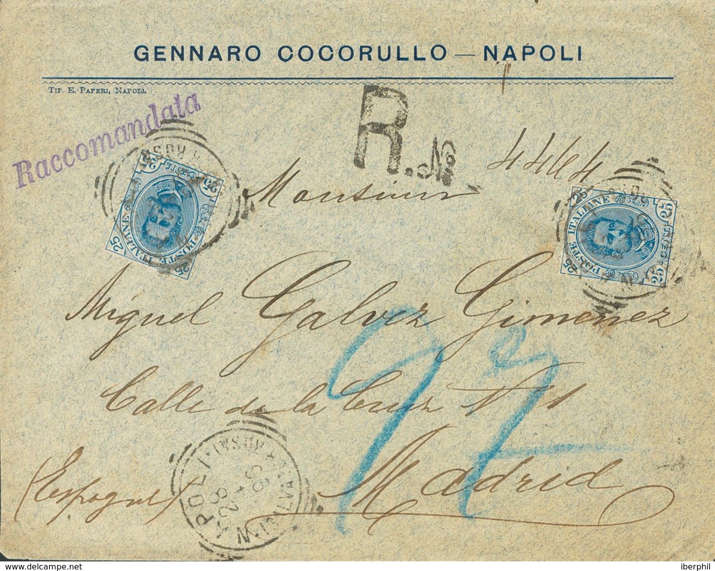 Italy. COVERYv 61(2). 1896. 25 Cts Blue, Two Stamps. Registered From NAPOLES To MADRID. VERY FINE. (Sassone 62) -- Itali - Sin Clasificación