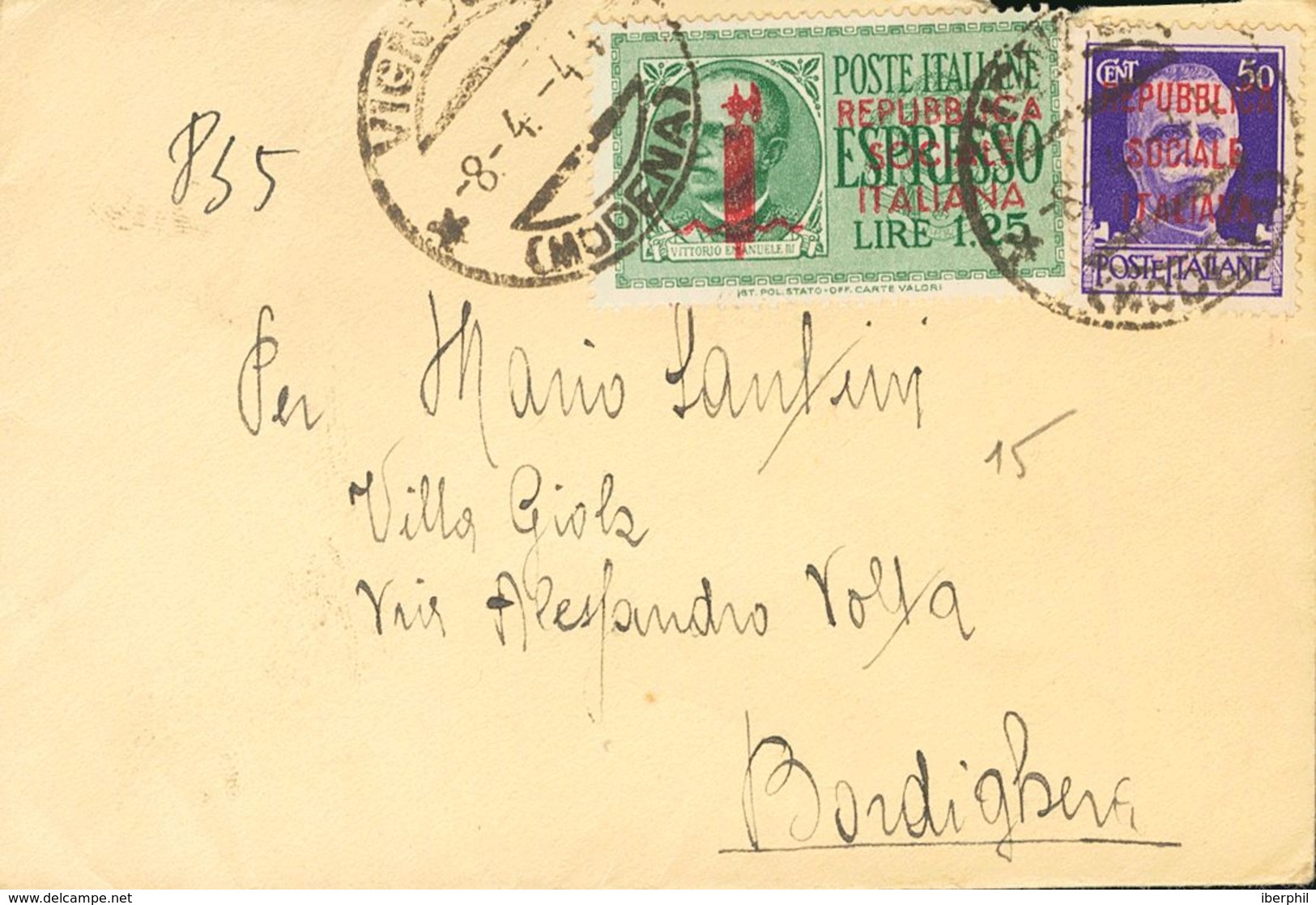 Italy-Social Republic. COVERYv 23, Urgente 3. 1944. 50 Cts Violet And Express Mail 1'25 Pts Green. VIGNOLA To BORDIGHERA - Otros & Sin Clasificación