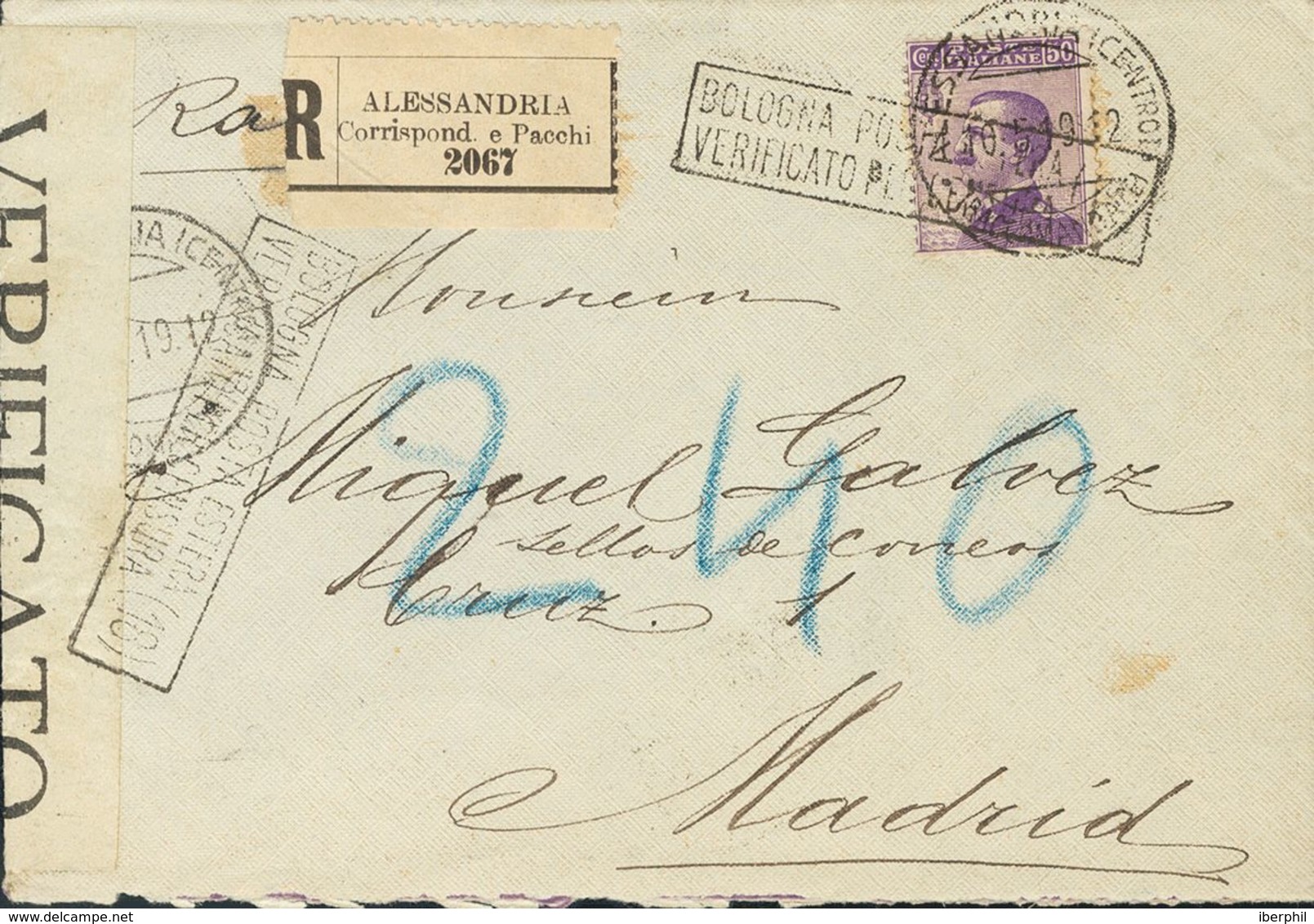 Italian Levant. COVER. 1912. 50 Cts Violet From Italy. Registered From ALEJANDRIA To MADRID (addressed To The Famous Phi - Otros & Sin Clasificación