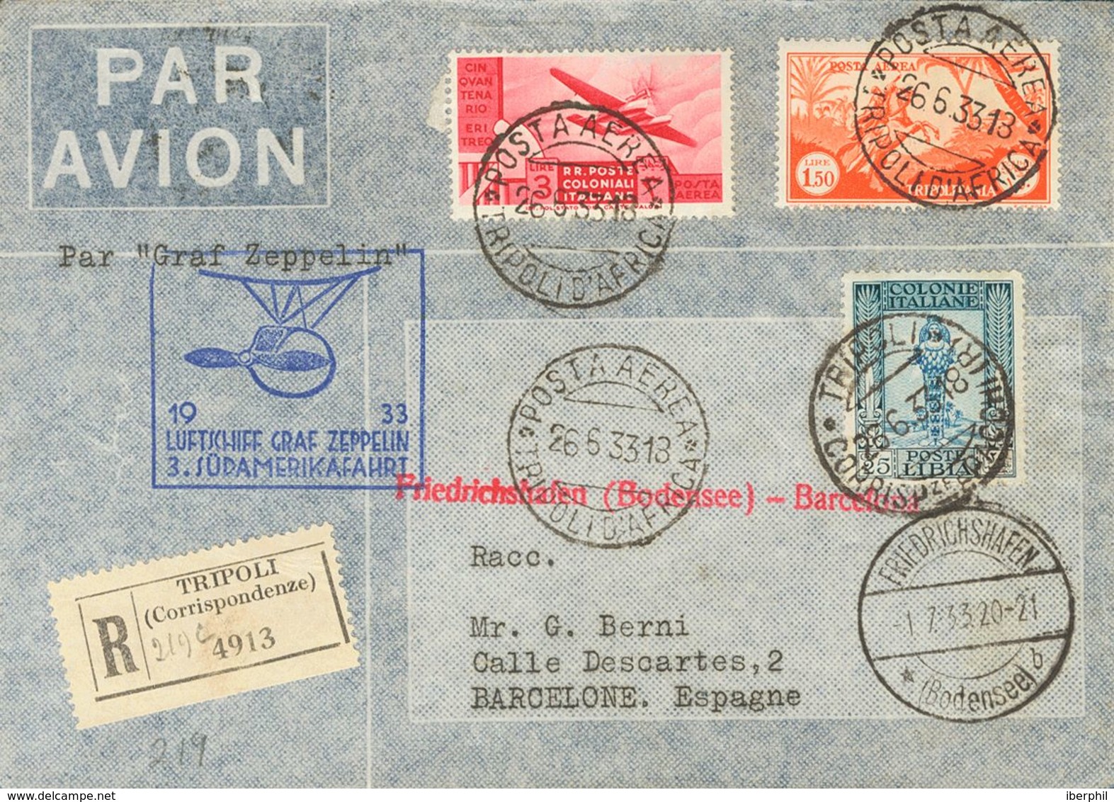 Libya. COVER49. 1933. 25 Cts Blue And Ultramarine, 1.50 L Of Tripolitania And 3 L Pink Of Italian Colonies. Graf Zeppeli - Libya