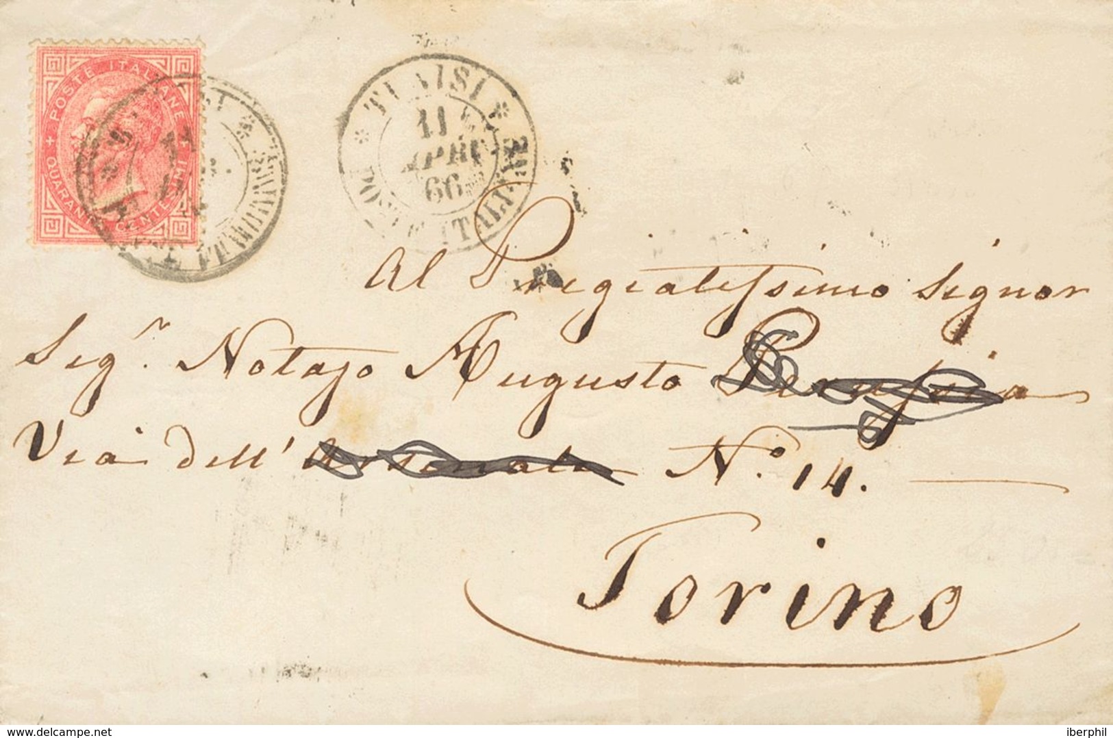 Tunisia, Italian Post Offices. COVERYv Italia 19. 1866. 40 Cts Pink (London Shot). TUNIS To TURIN. Postmark TUNISIE / PO - Tunisie (1956-...)