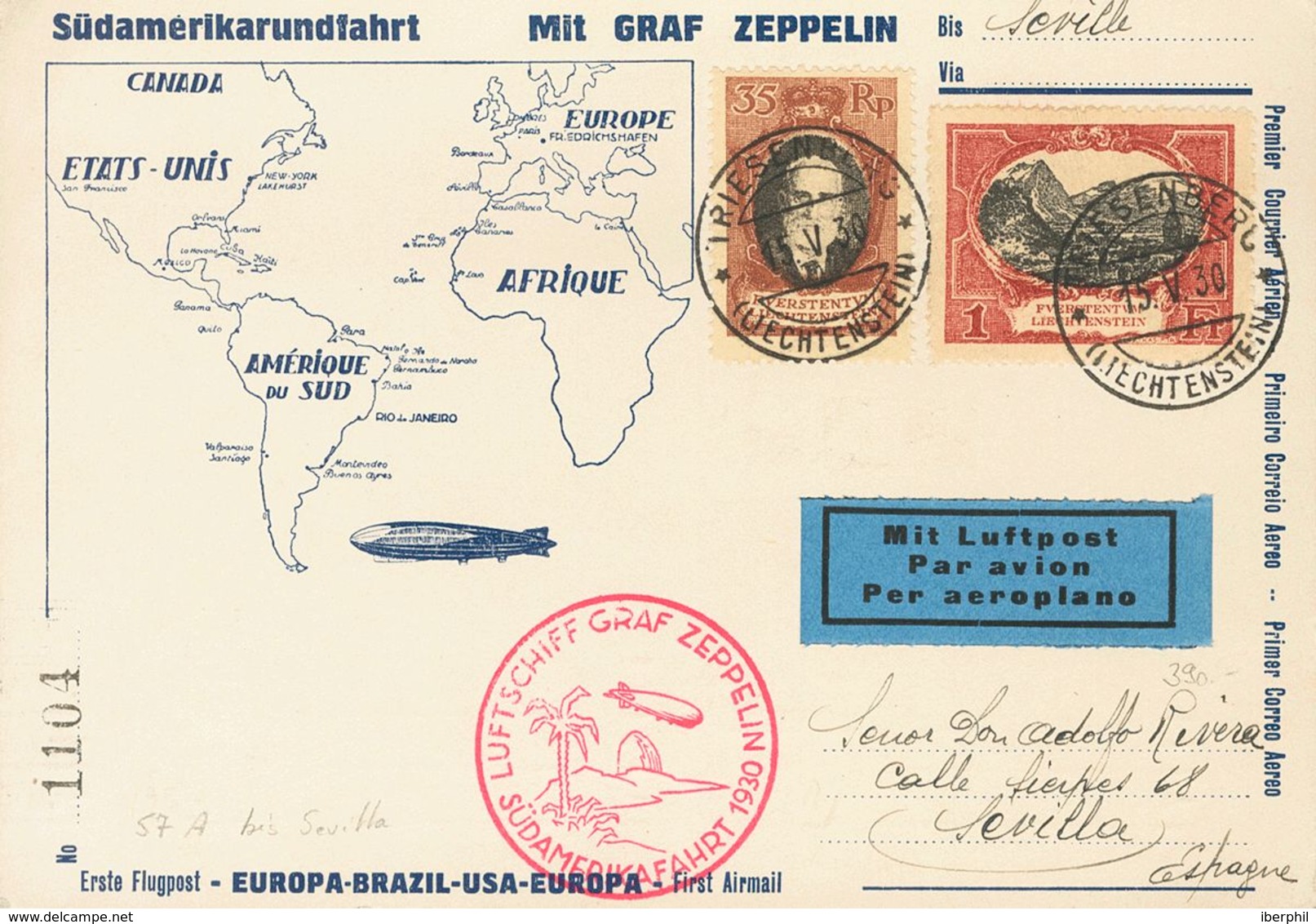 Liechtenstein. COVER55, 59. 1930. 35 R Brown And Black And 1 F Carmine And Black. Postcard By Graf Zeppelin From TRIESEN - Other & Unclassified