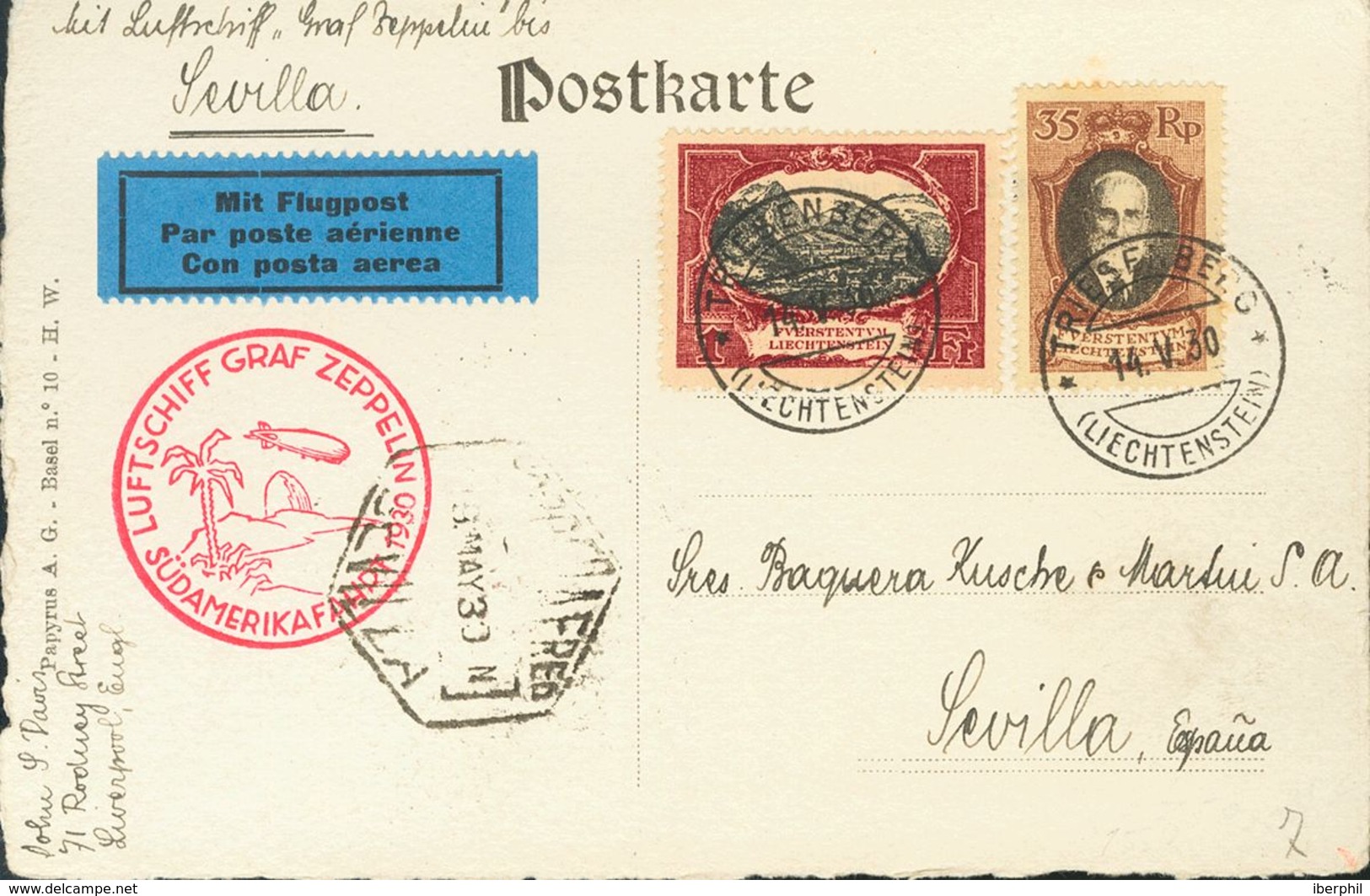Liechtenstein. COVER55, 59. 1930. 35 R Brown And Black And 1 F Carmine And Black. Postcard By Graf Zeppelin From TRIESEN - Sonstige & Ohne Zuordnung
