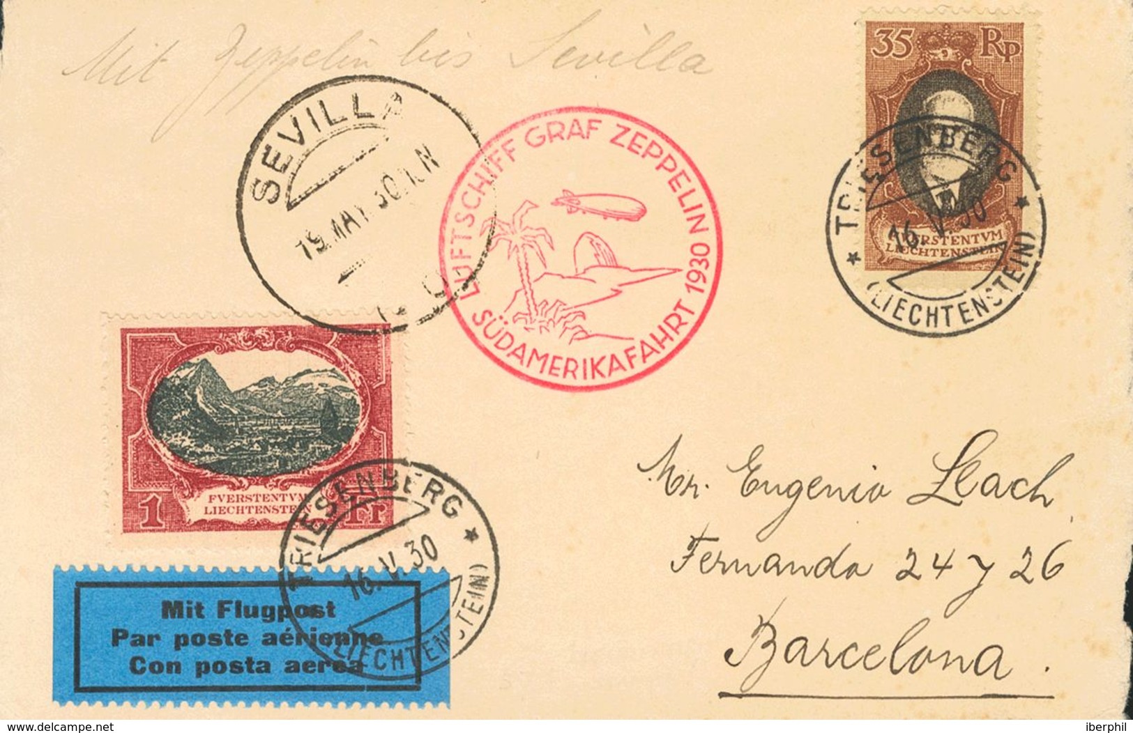 Liechtenstein. COVER55, 59. 1930. 35 R Brown And Black And 1 F Carmine And Black. Postcard By Graf Zeppelin From TRIESEN - Other & Unclassified