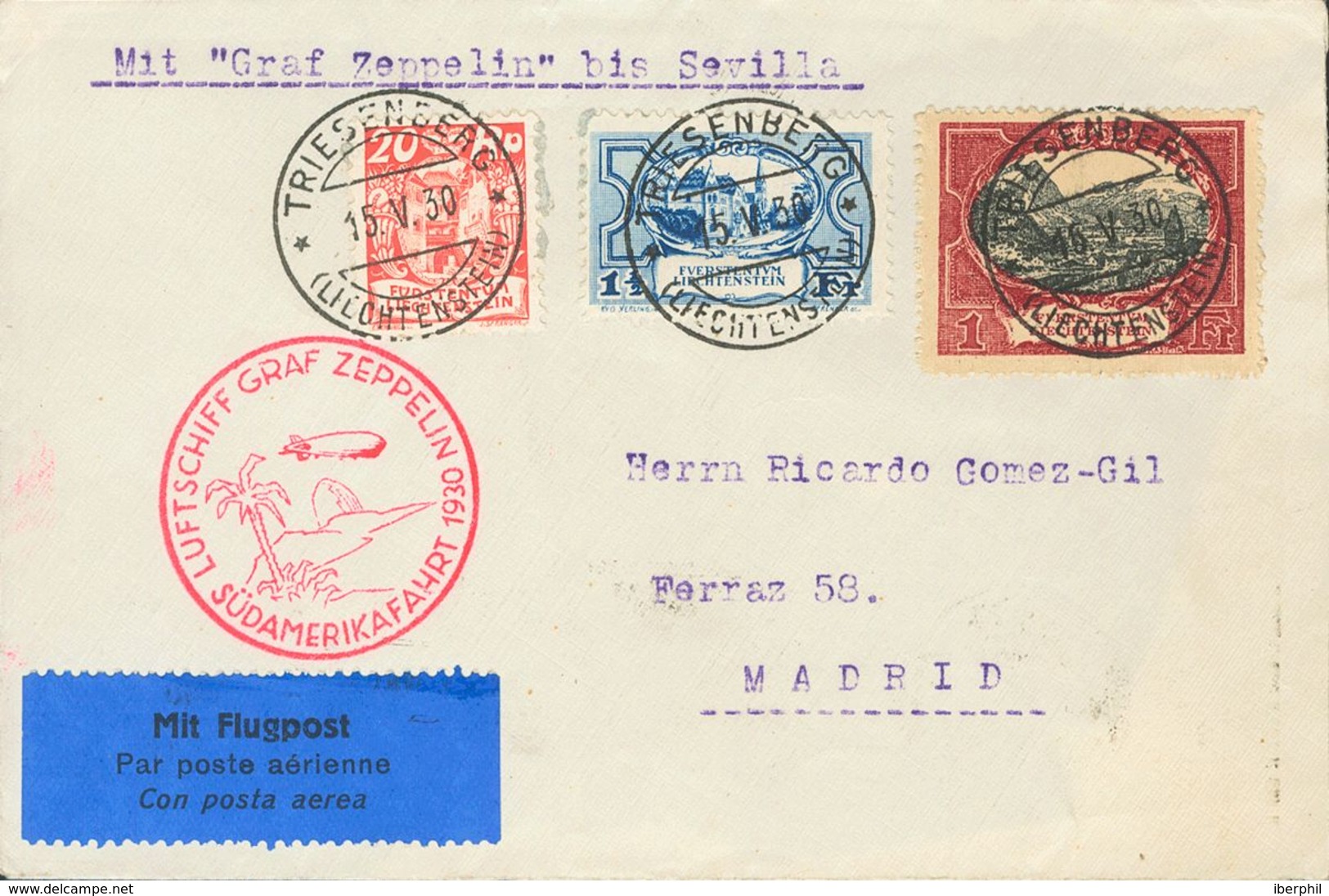 Liechtenstein. COVER69, 71, 59. 1930. 20 R Red, 1½ F Blue And 1 F Carmine And Black. Graf Zeppelin From TRIESENBERG To M - Autres & Non Classés