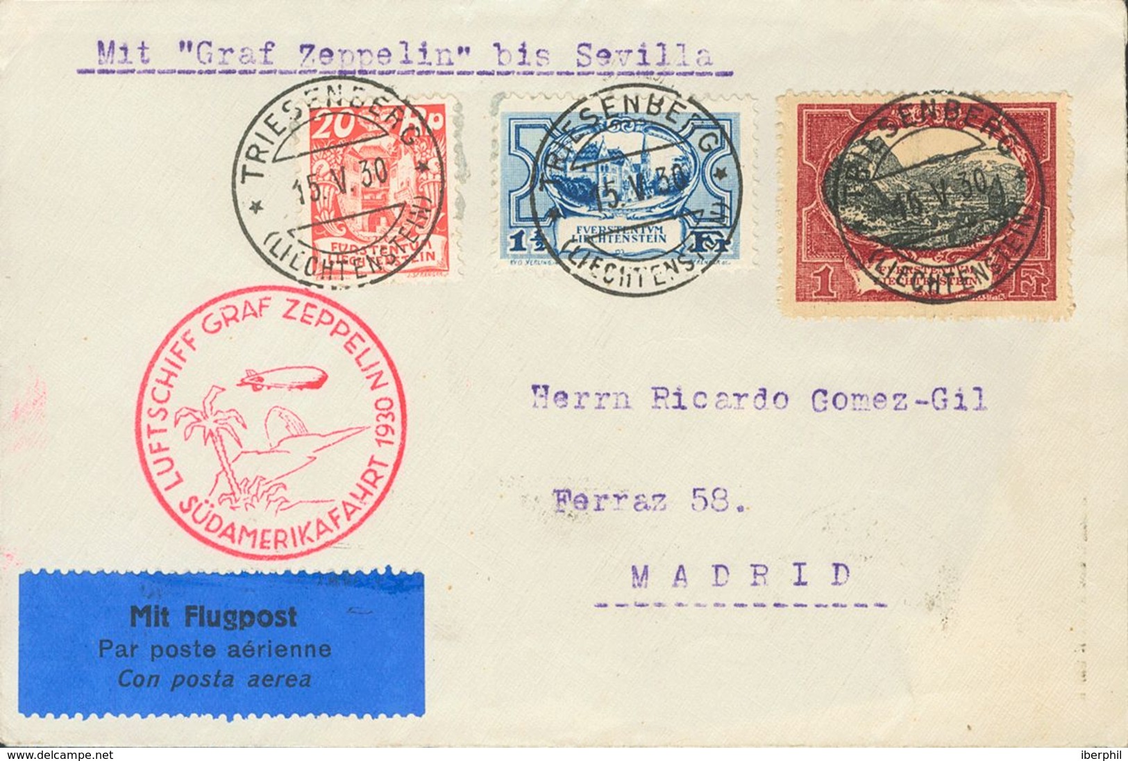 Liechtenstein. COVER69, 71, 59. 1930. 20 R Red, 1½ F Blue And 1 F Carmine And Black. Graf Zeppelin From TRIESENBERG To M - Otros & Sin Clasificación
