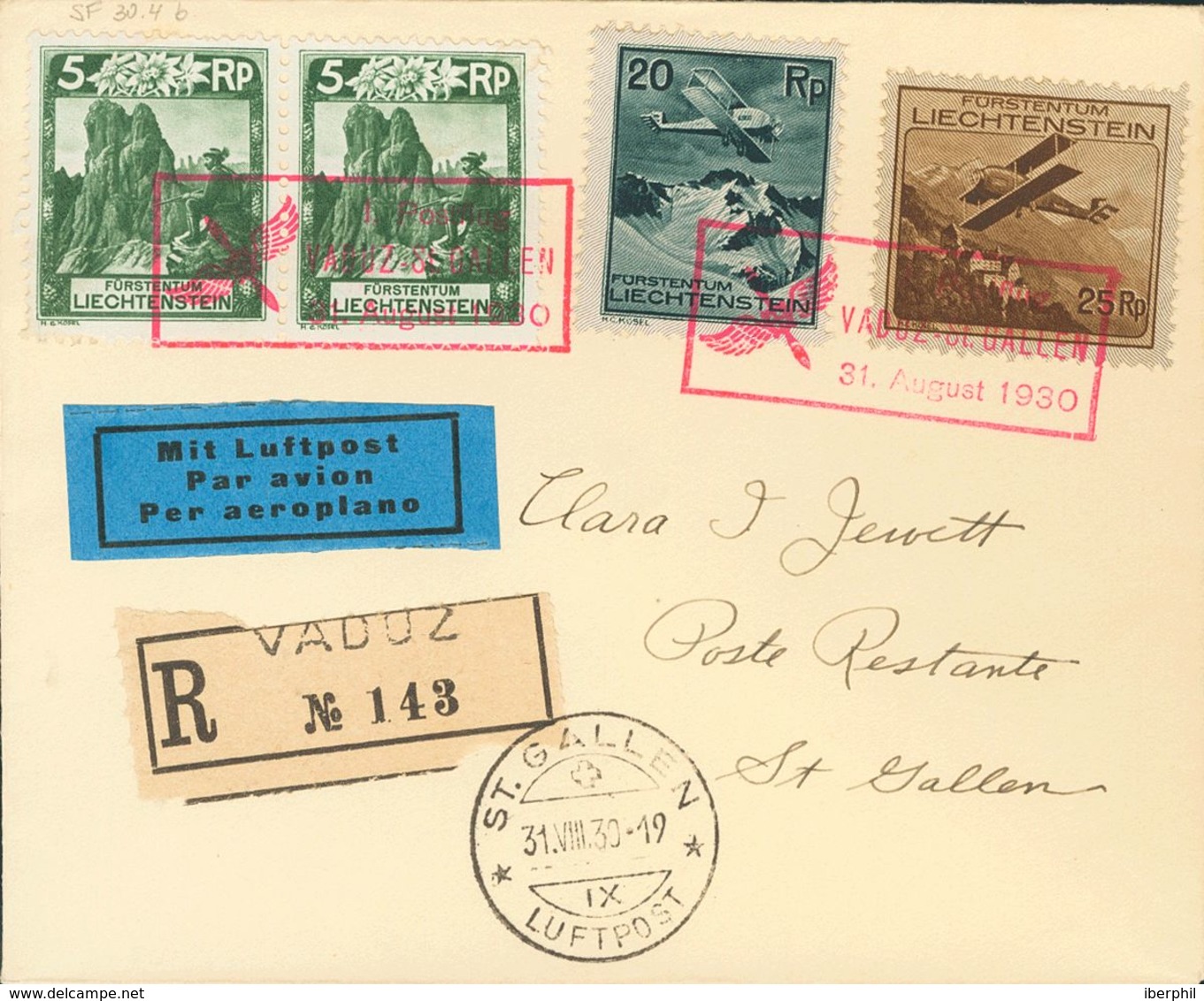 Liechtenstein. COVERYv 94(2), Aéreo 2, 3. 1930. 5 Rp Green , Two Stamps And Air Mail 20 Rp Green Black And 25 Rp Brown.  - Autres & Non Classés