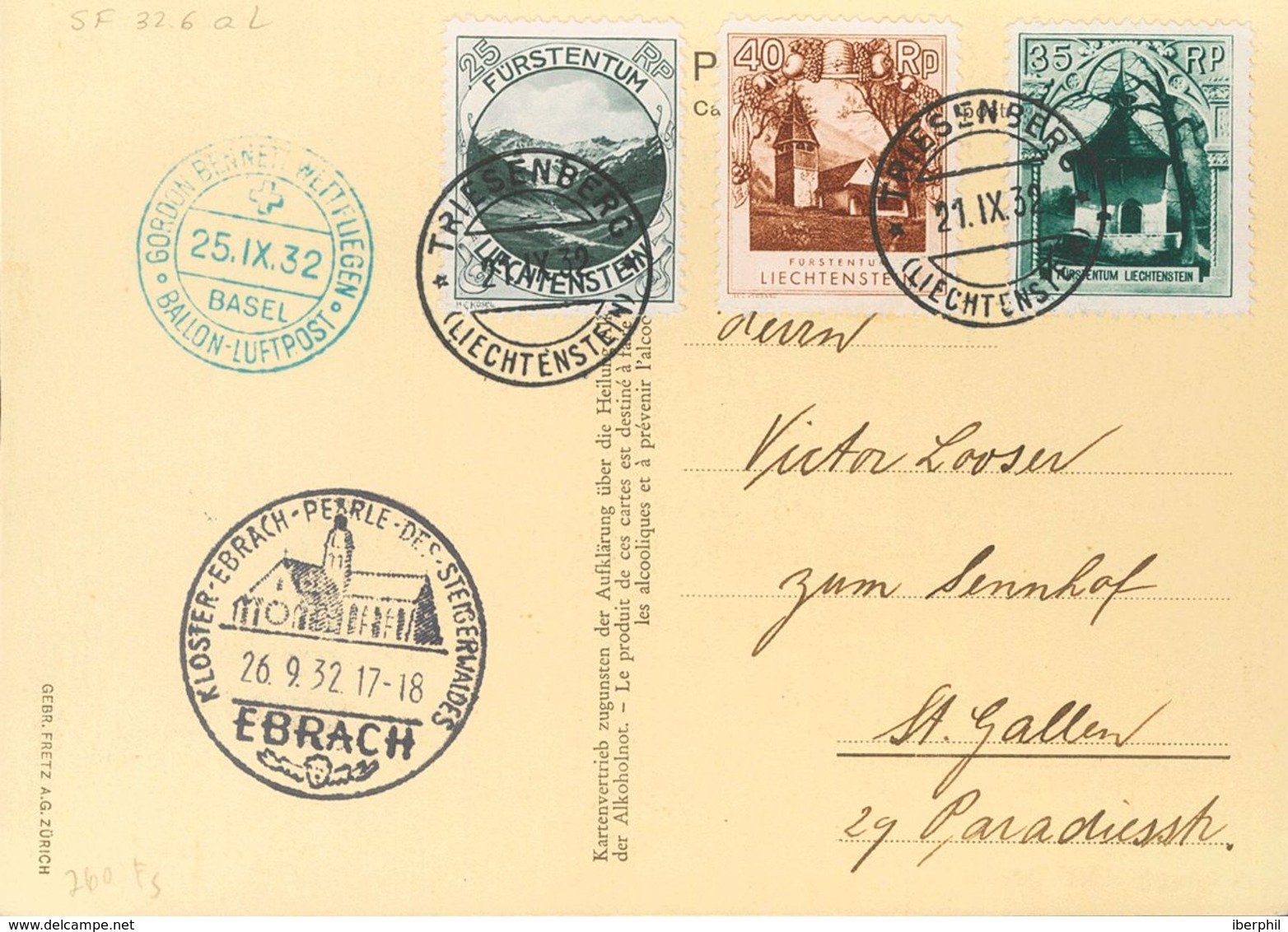 Liechtenstein. COVER98, 100, 101. 1932. 25 Rp Black, 35 Rp Green Black And 40 Rp Chestnut. TRIESENBERG To SAINT GALLEN ( - Other & Unclassified