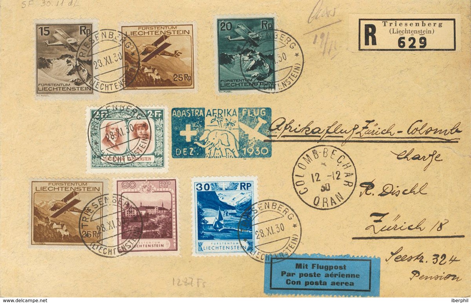 Liechtenstein. COVERYv 99, 104, 107, Aéreos 1/2, 3(2). 1930. 30 Rp, 90 Rp, 2 F And Air Mail Stamps Of 15 Rp, 20 Rp And 2 - Autres & Non Classés