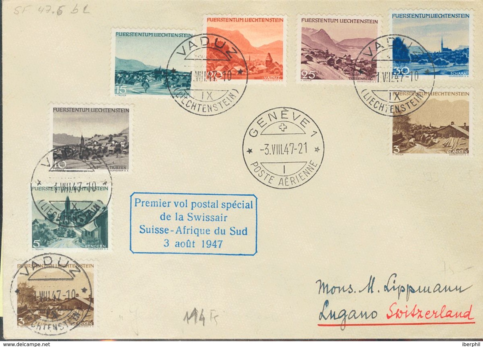 Liechtenstein. COVERYv 199/05. 1947. 3 Rp, Two Stamps, 5 Rp, 10 Rp, 15 Rp, 20 Rp, 25 Rp And 30 Rp. VADUZ To LUGANO (SWIT - Sonstige & Ohne Zuordnung