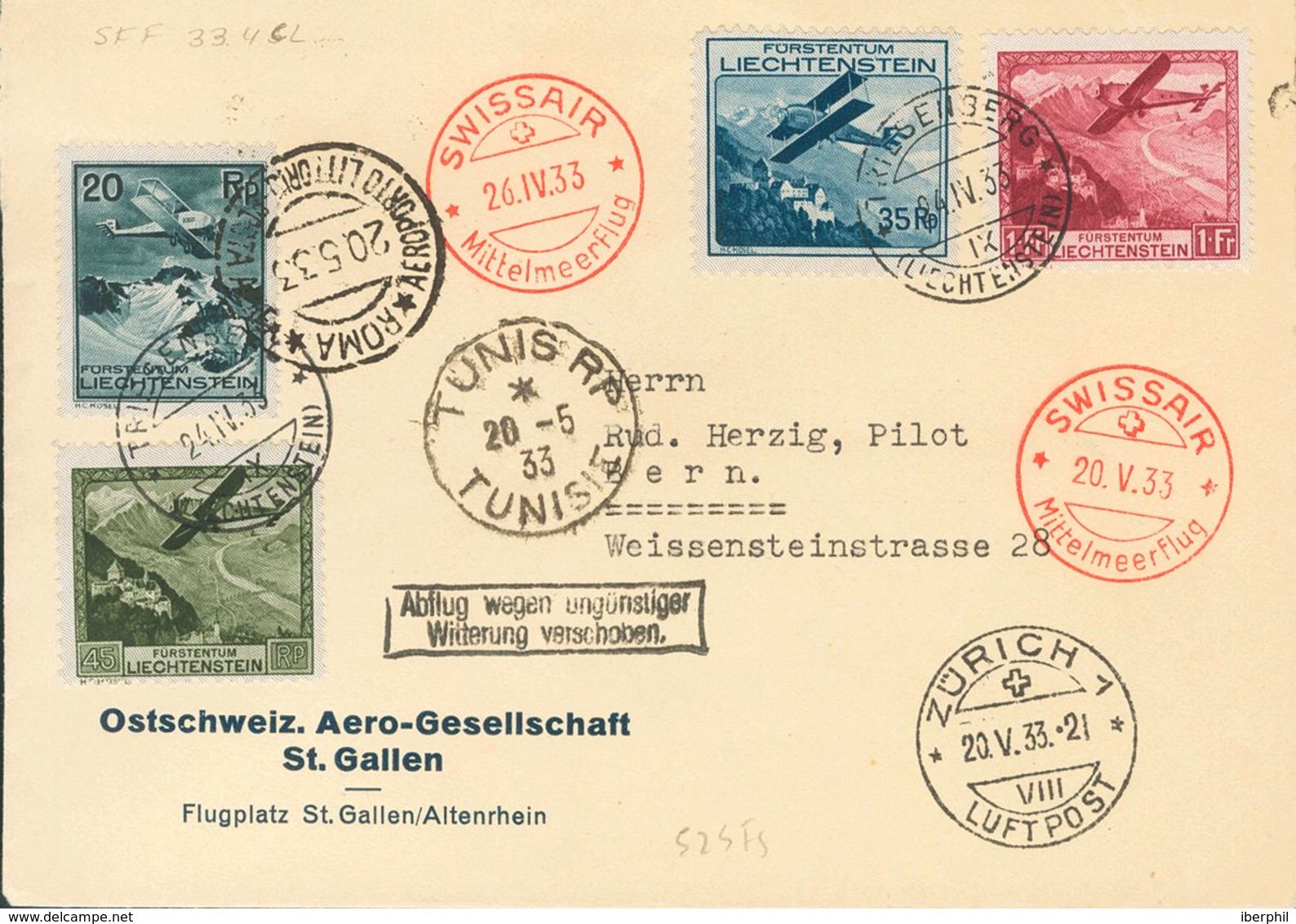 Liechtenstein, Airmail. COVERYv 2, 4/6. 1933. 20 Rp, 35 Rp, 45 Rp And 1 F. TRIESENBERG To BERN (SWITZERLAND), Transporte - Other & Unclassified