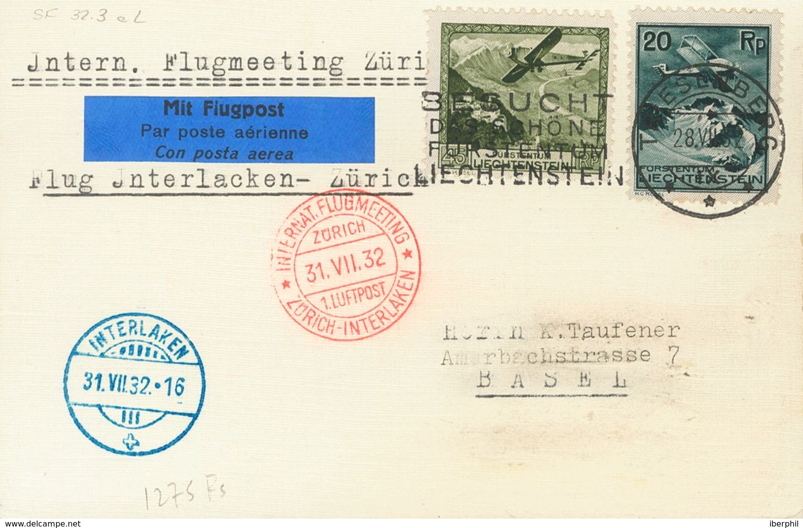 Liechtenstein, Airmail. COVERYv 2,5. 1932. 20 Rp Green Black And 45 Rp Green. TRIESENBERG To BASEL. Roll Postmark TRIESE - Sonstige & Ohne Zuordnung