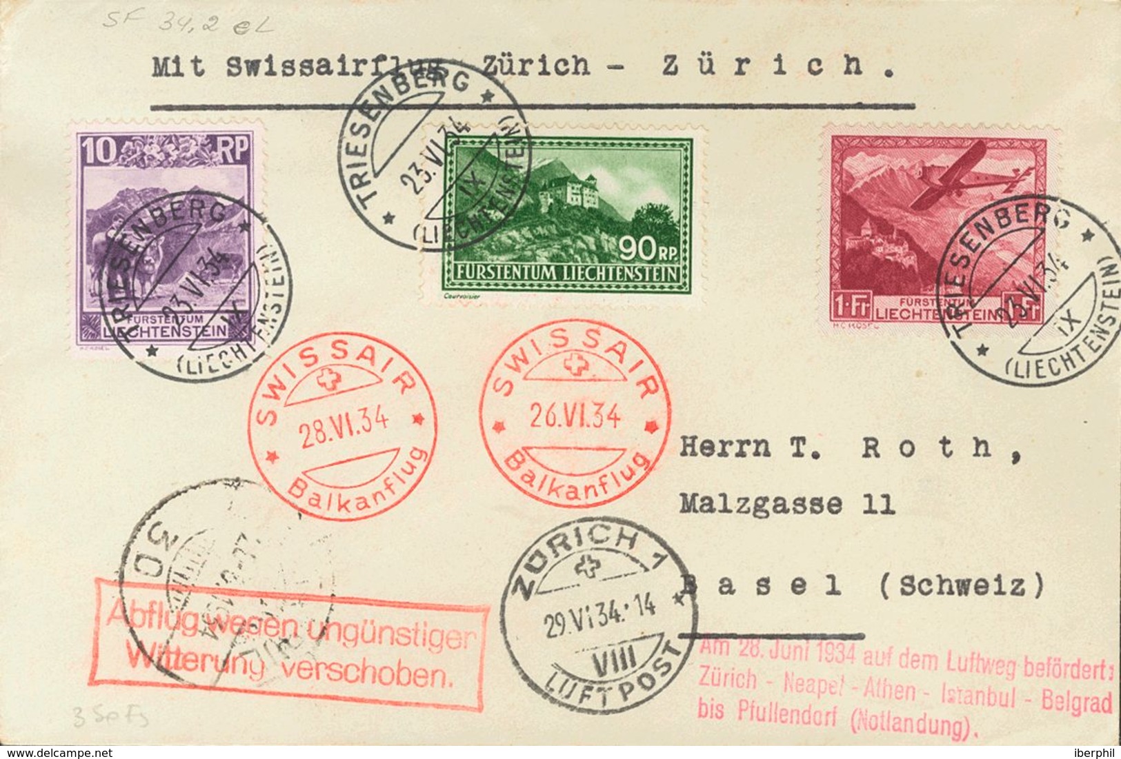 Liechtenstein, Airmail. COVERYv 6. 1934. 1 Fr Carmine, 10 Rp Violet And 90 Rp Green. TRIESENBERG To BASILEA, Transported - Other & Unclassified