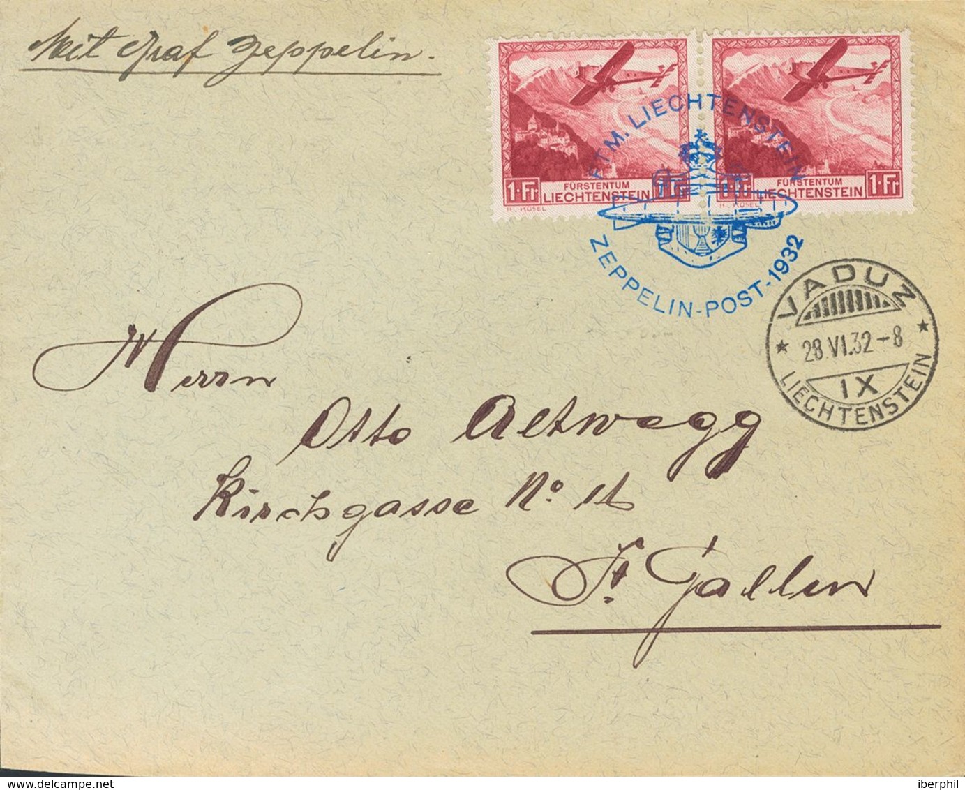 Liechtenstein, Airmail. COVERYv 6(2). 1932. 1 F Carmine, Pair. VADUZ To SAINT GALLEN. Postmark FTM. LIECHTENSTEIN / ZEPP - Other & Unclassified