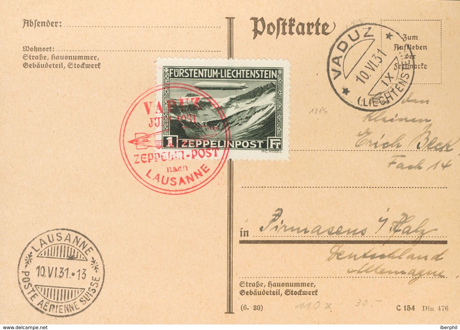 Liechtenstein, Airmail. COVERYv 7. 1931. 1 F Black Olive. Postcard From VADUZ To PIRMASENS (GERMANY). Postmark VADUZ / J - Other & Unclassified