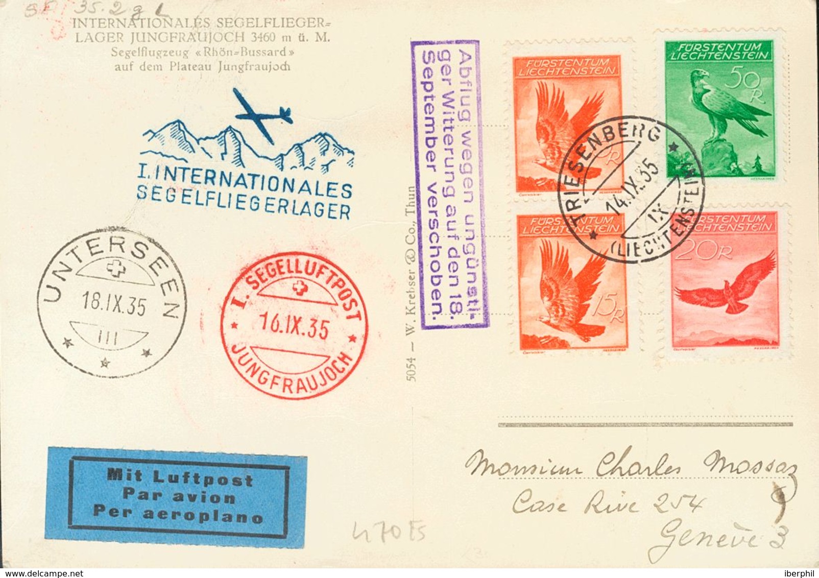 Liechtenstein, Airmail. COVERYv 10(2), 11, 13. 1935. 15 Rp Orange, Two Stamps, 20 Rp Red And 50 Rp Green. Postcard From  - Sonstige & Ohne Zuordnung