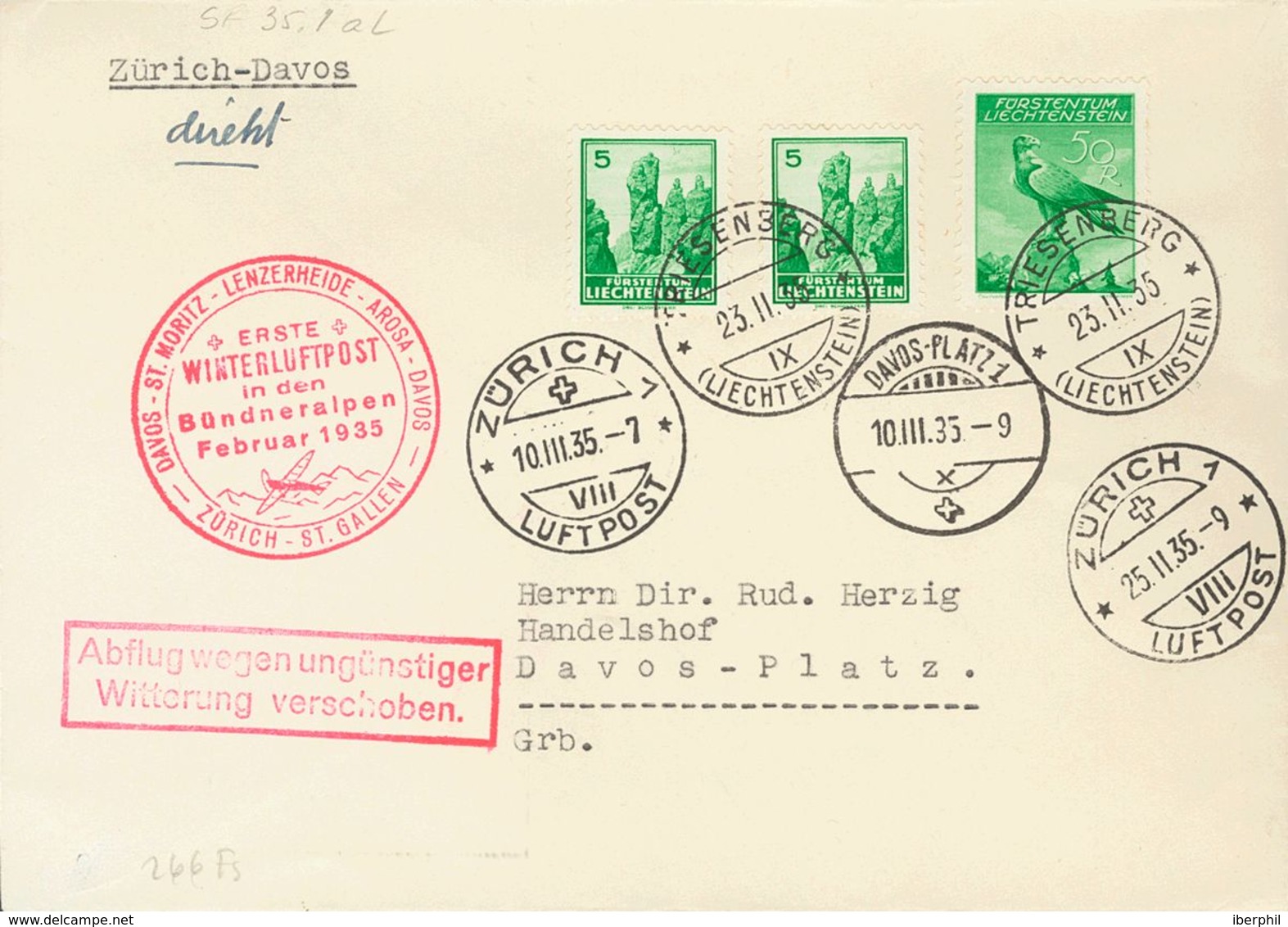 Liechtenstein, Airmail. COVERYv 13. 1935. 50 Rp Green And 5 Rp Green, Two Stamps. Air Mail From TRIESENBERG To DAVOS (SW - Sonstige & Ohne Zuordnung