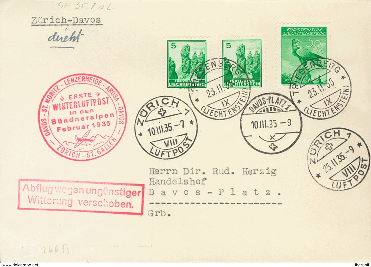 Liechtenstein, Airmail. COVERYv 13. 1935. 50 Rp Green And 5 Rp Green, Two Stamps. Air Mail From TRIESENBERG To DAVOS (SW - Otros & Sin Clasificación