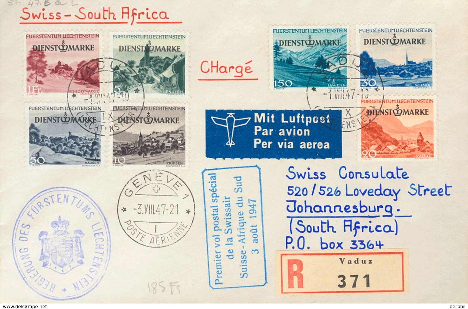 Liechtenstein, Official. COVERYv 28/34. 1947. Complete Set. Registered From VADUZ To JOHANESBURGO (SOUTH AFRICA). On The - Other & Unclassified