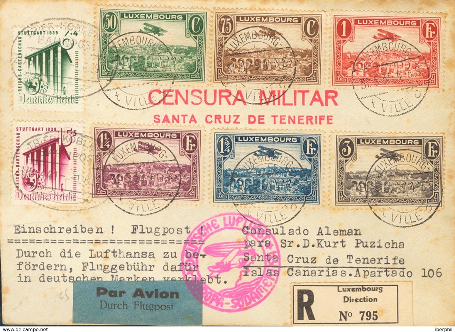 Luxembourg, Airmail. COVERYv 1/6. 1939. Complete Set And Complete Set Of Germany Empire Of 1939 (toned). Registered Airm - Autres & Non Classés